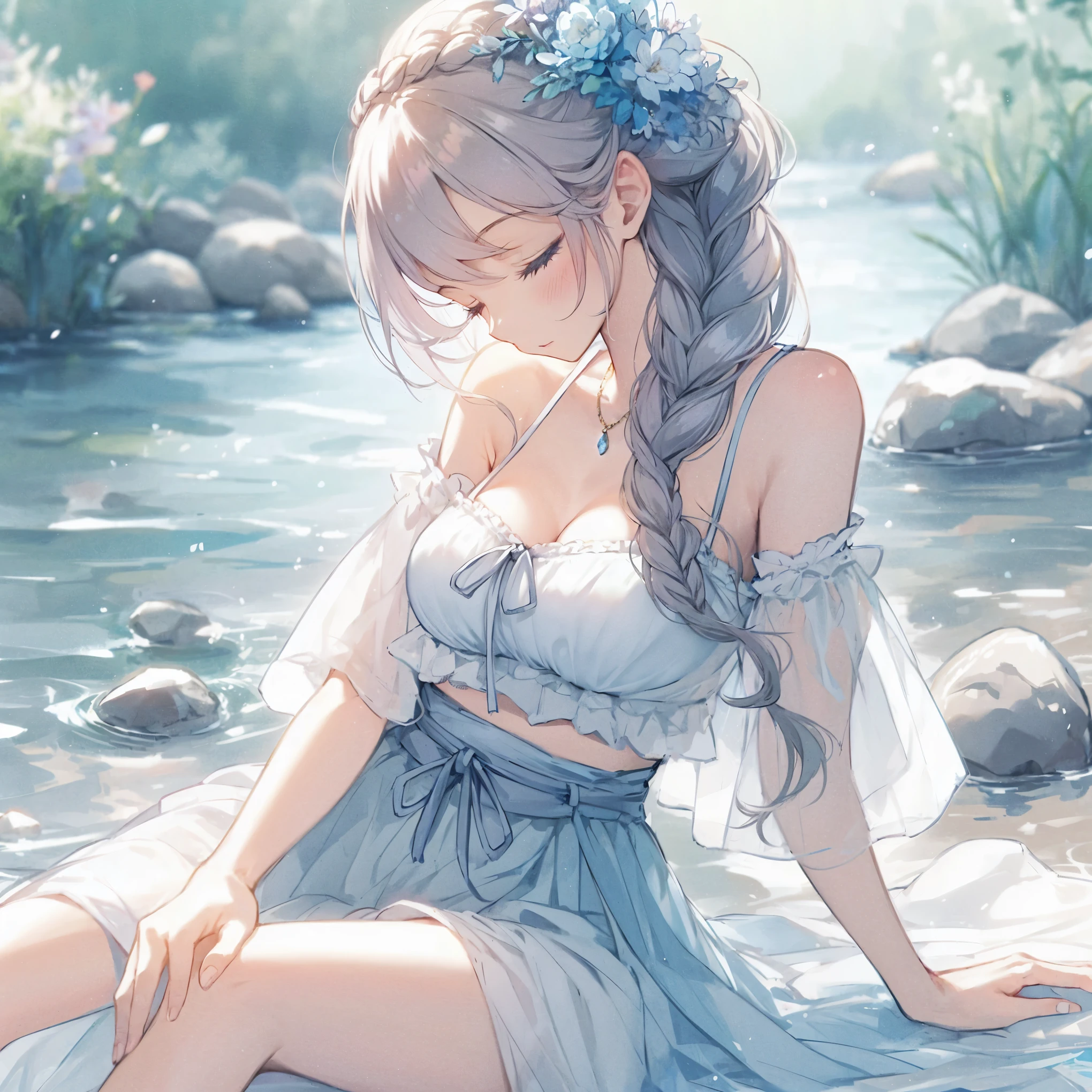 anime girl sitting in water with blue dress and flowers in hair, beautiful anime girl, beautiful anime, guweiz, soft anime illustration, beautiful anime artwork, beautiful anime style, beautiful anime art style, beautiful anime art, beautiful anime woman, artwork in the style of guweiz, beautiful alluring anime woman, beautiful anime portrait, cute anime waifu in a nice dress, (beautiful large breast, closed eyes:1.2)