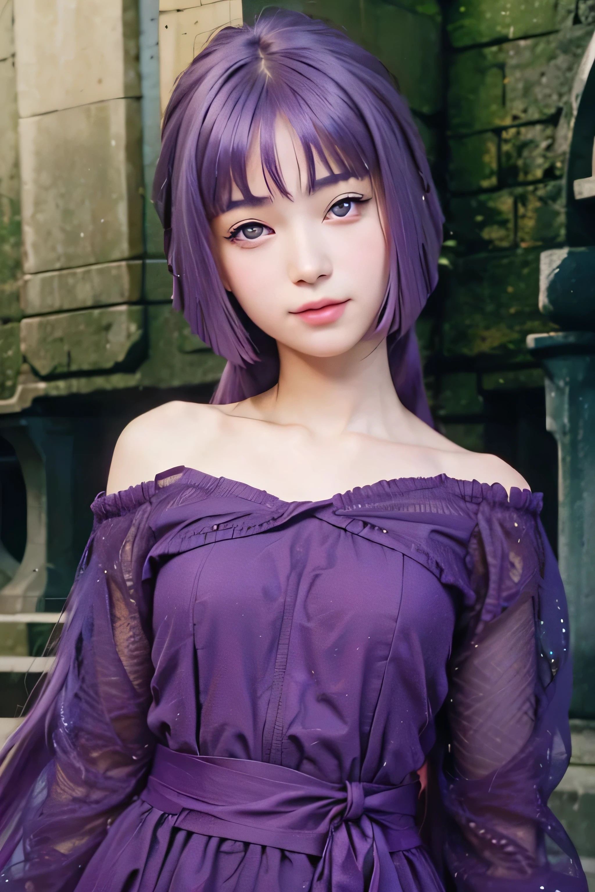 masterpiece, best quality, (realistic,photo-realistic:1.4), (RAW photo:1.2), extremely detailed CG unity 8k wallpaper, delicate and beautiful, amazing,finely detail, official art, absurdres, incredibly absurdres, huge filesize, ultra-detailed,extremely detailed eyes and face,light on face,sumire kakei,(little smile),(purple hair:1.4),(long hair:1.6),(wearing dress:1.4),lake,street,castle