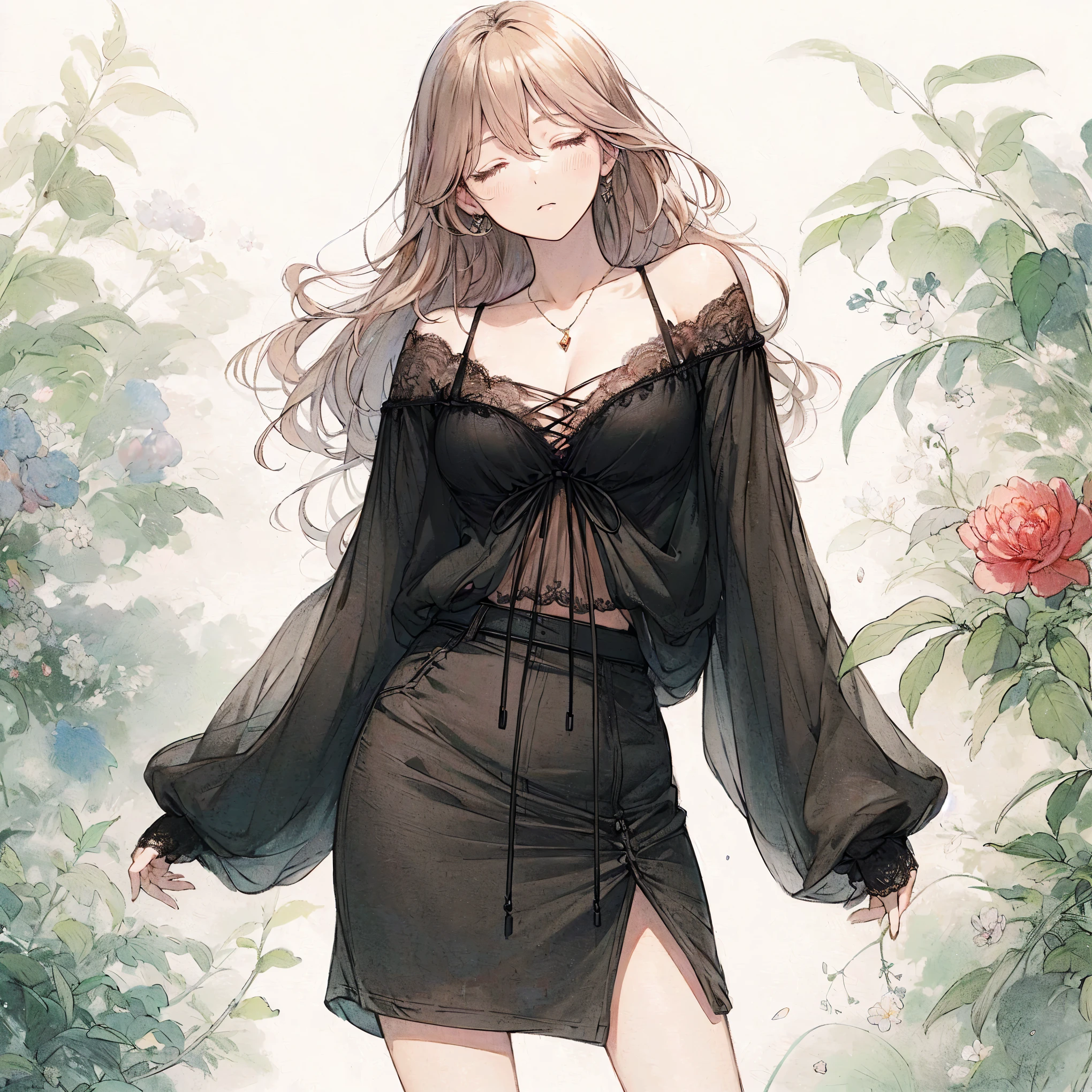 (best quality,4k,8k,highres,masterpiece:1.2),ultra-detailed,(realistic,photorealistic,photo-realistic:1.37),standing in front of a flower-filled thicket,anime girl in a black dress,anime girl in a black dress,artwork in the style of Gweitz,adorable anime wife in a gorgeous dress,soft anime illustration,cute anime girl visual,wearing a long flowy dress,Gweitz,full-body anime illustration,beautiful anime girl,enchanting anime girl. (beautiful large breast, closed eyes:1.2)