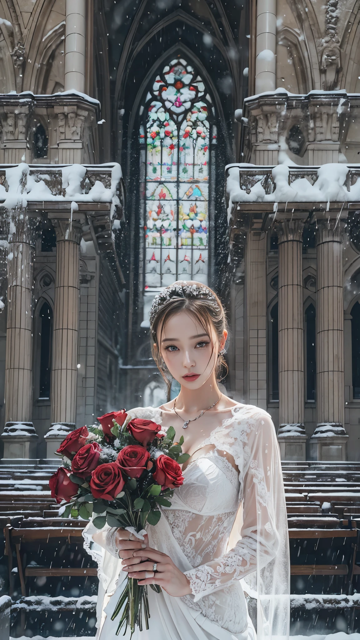 (RAW shooting, Photoreal:1.5, 8K, highest quality, masterpiece, ultra high resolution), ((((heavy snow, Blizzard)))), Highly detailed skin and facial textures:1.3, perfect dynamic composition:1.2, (In front of a church at night in a modern city, expression of sadness:1.0, Tears are flowing:1.0, cry with a broken heart:1.0), Slim office lady wet in the rain:1.3, cowboy shot, Fair skin:1.2, sexy beauty:1.1, perfect style:1.2, beautiful and aesthetic:1.1, very beautiful face:1.2, water droplets on the skin, (rain drips all over my body:1.2, wet body:1.2, wet hair:1.3), (professional dressing:1.1, Holding a bouquet of wet roses:1.2, How to Wear a Wet Pure White Wedding Dress Correctly:1.3), (Medium chest, Bra is sheer, Chest gap), (Eyes that feel beautiful eros:0.8, Too erotic:0.8, Bewitching:0.8), necklace, earrings, bracelet, wedding ring, Highly detailed hand and finger expressions