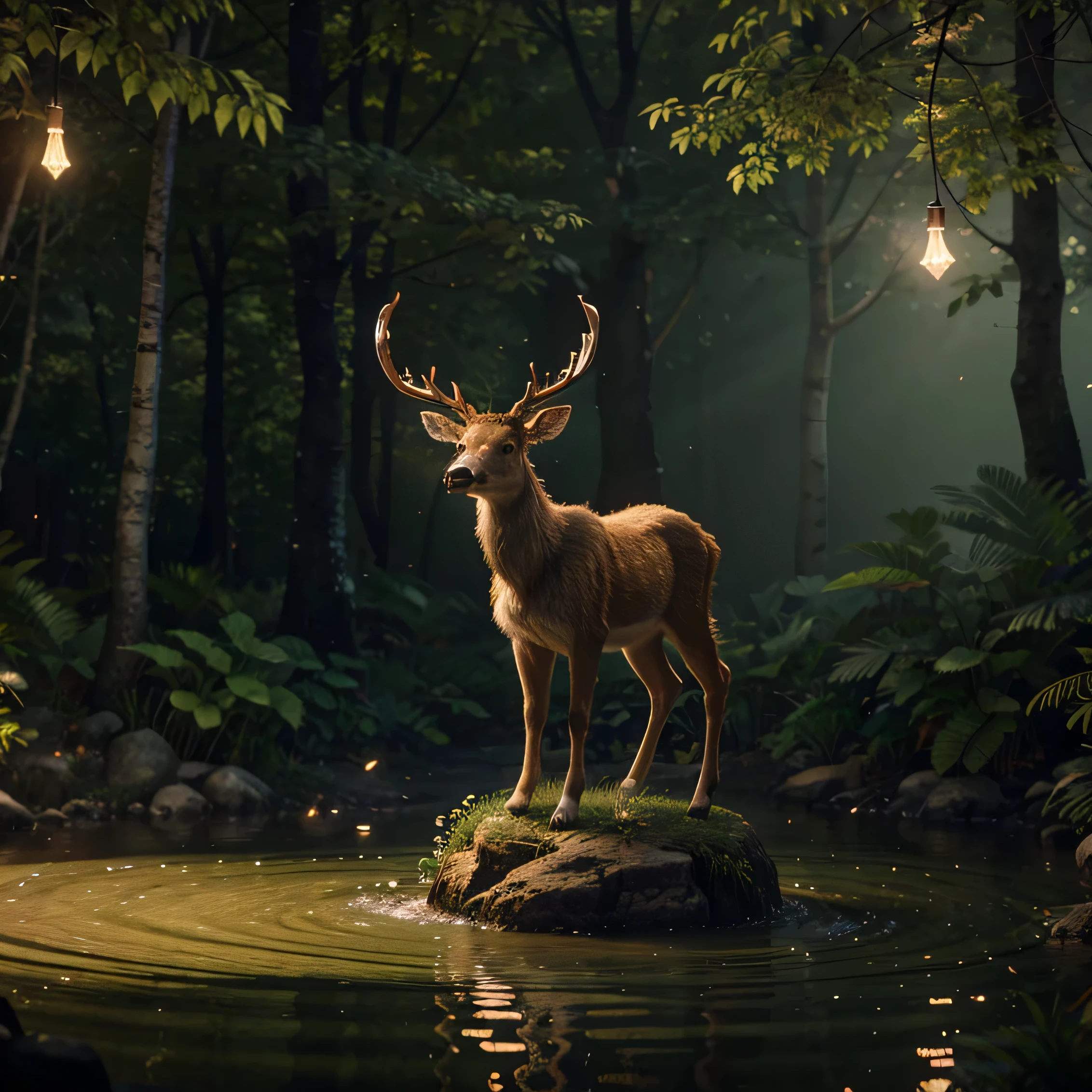Ethereal image
Masterpiece, best quality, (very detailed CG unity 8k wallpaper), (best quality), (best illustration), (best shadows), glow sprite, with a glowing deer with large horns , in the swimming pool Drinking water, natural elements in the forest theme. Mysterious forest, beautiful forest, nature, surrounded by flowers, delicate leaves and branches surrounded by fireflies (natural elements), (jungle theme), (leaves), (twigs), (fireflies), (particle effects) etc. 3D , Octane rendering, ray tracing, super detailed --v6