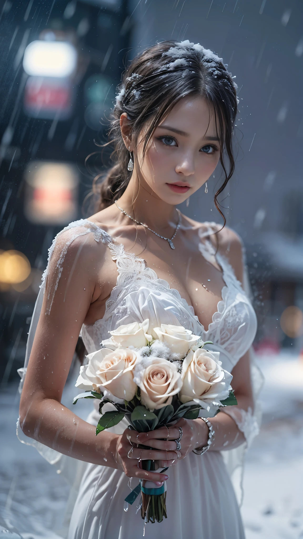 (RAW shooting, Photoreal:1.5, 8K, highest quality, masterpiece, ultra high resolution), ((((heavy snow, Blizzard)))), Highly detailed skin and facial textures:1.3, perfect dynamic composition:1.2, (In front of a church at night in a modern city, expression of sadness:1.0, Tears are flowing:1.0, cry with a broken heart:1.0), Slim office lady wet in the rain:1.3, cowboy shot, Fair skin:1.2, sexy beauty:1.1, perfect style:1.2, beautiful and aesthetic:1.1, very beautiful face:1.2, water droplets on the skin, (rain drips all over my body:1.2, wet body:1.2, wet hair:1.3), (professional dressing:1.1, Holding a bouquet of wet roses:1.2, The correct way to wear a wet pure white wedding dress:1.3), (Medium chest, bra is see-through, Chest gap),  (Eyes that feel beautiful eros:0.8, Too erotic:0.8, Bewitching:0.8), necklace, earrings, bracelet, wedding ring, Highly detailed hand and finger expressions