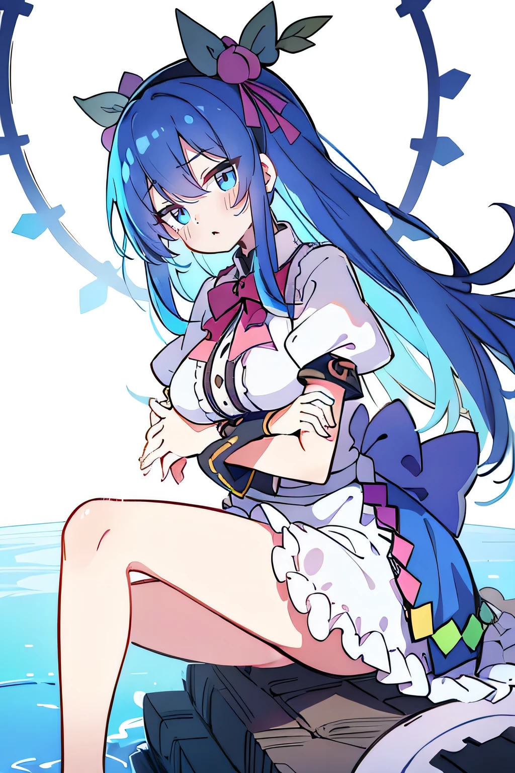 crop top,crop top overhang,eyes visible through hair,blue hair,long hair,very long hair,blue eyes,pantyhose,white pantyhose,breasts,small breasts,sailor suit,school hat,braid,plain braid,kneeling,looking up,looking at viewer,open mouth,tongue out,cum in mouth,serious eyes,White shirt,mini skirt,white miniskirt,pleated skirt,sailor collar,thighs,white footwear,hands on chest,skirt,white skirt