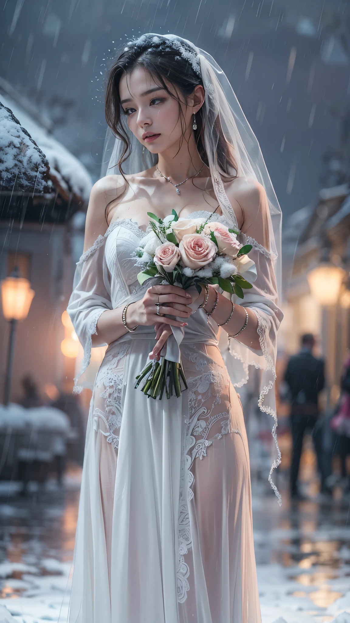 (RAW shooting, Photoreal:1.5, 8K, highest quality, masterpiece, ultra high resolution), ((((heavy snow, Blizzard)))), Highly detailed skin and facial textures:1.3, perfect dynamic composition:1.2, (In front of a church at night in a modern city, expression of sadness:1.0, Tears are flowing:1.0, cry with a broken heart:1.0), Slim office lady wet in the rain:1.3, cowboy shot, Fair skin:1.2, sexy beauty:1.1, perfect style:1.2, beautiful and aesthetic:1.1, very beautiful face:1.2, water droplets on the skin, (rain drips all over my body:1.2, wet body:1.2, wet hair:1.3), (professional dressing:1.1, Holding a bouquet of wet roses:1.2, The correct way to wear a wet pure white wedding dress:1.3), (Medium chest, bra is see-through, Chest gap),  (Eyes that feel beautiful eros:0.8, Too erotic:0.8, Bewitching:0.8), necklace, earrings, bracelet, wedding ring, Highly detailed hand and finger expressions