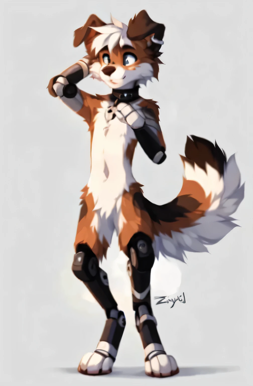 8k, no background, white background, ((by reysi, by keihound, by Zackary911)), detailed fur, Furry, solo, full body, ((Australian Shepard)), white hair, ((teen)), ((male)), ((slender)), (ear ring, choker, bandages), (((looking dowm at legs))), ((robot legs, cybernetic legs, short fluffy tail)), dynamic pose, nude, 