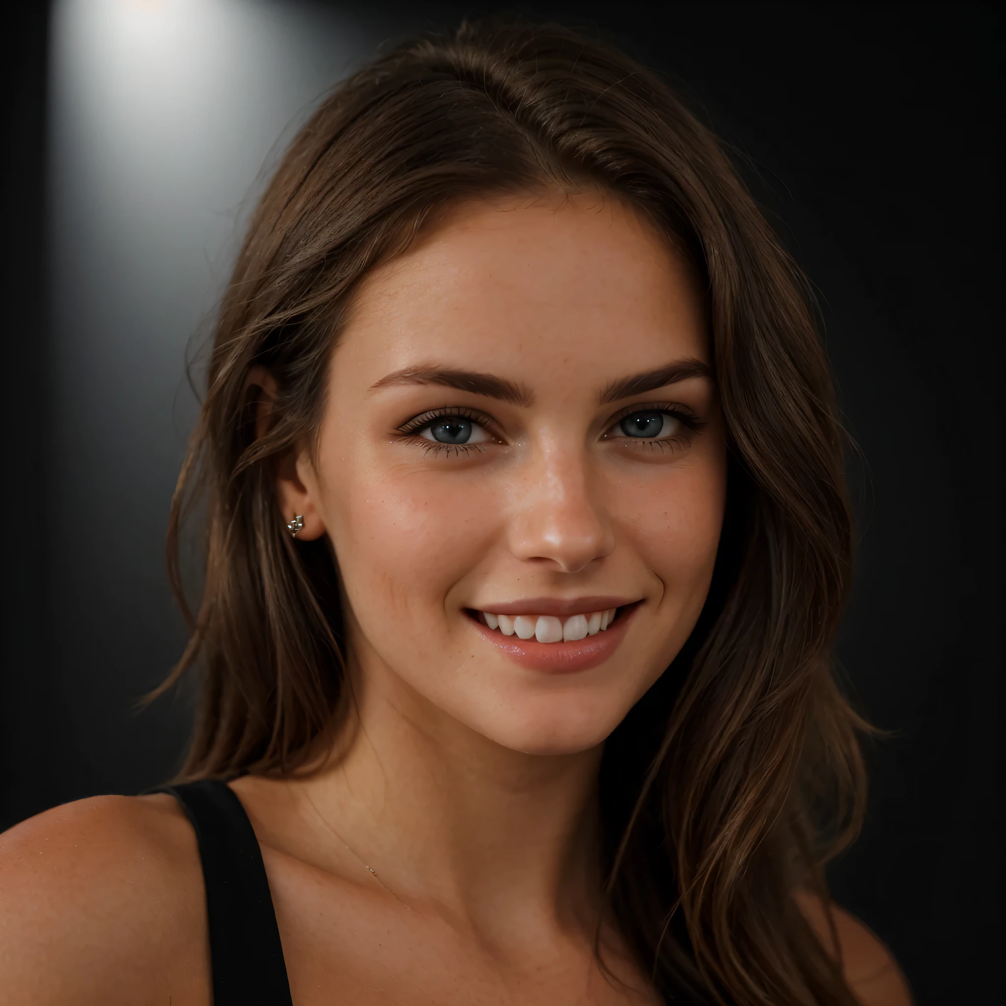 a closeup dark upper body shot photo of a blonde with perfect eyes, smile, dark background