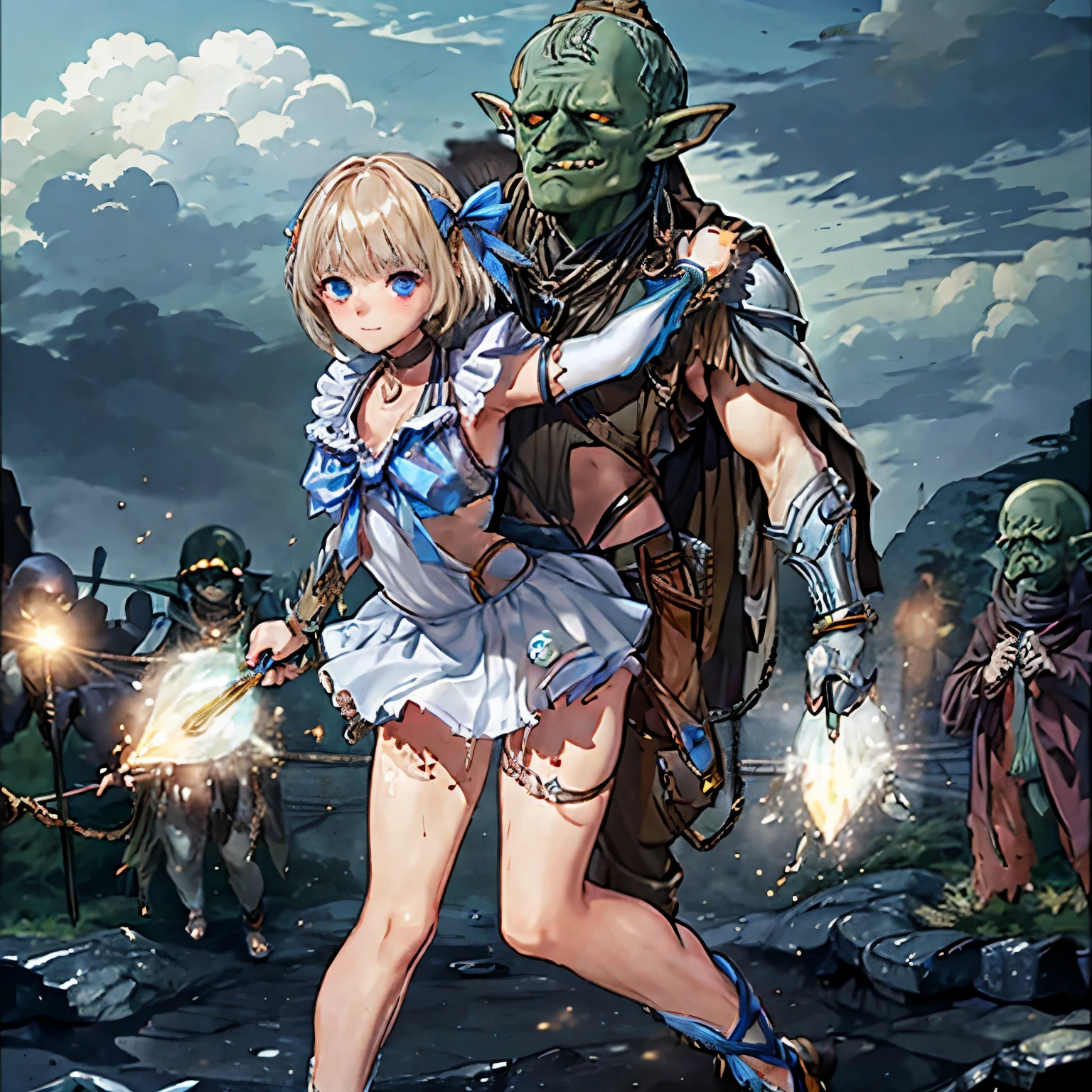 masterpiece, goblinriding, a goblin is riding a girl, goblin, mutiple goblins, goblins, (all fours), 1girl, (magical girl:1.1), (nose hook), reins, collar, chain, rope, obey, happy trance, smile, hair ornaments, short hair, blonde hair, hair ribbon, Heterochromia, glowing eyes, blue eye, brown eye, Shirai Hinako, Blue Reflection, medium breast, expressionless, emotionless, blank eyes, empty eyes, mind control, goblin gangbang