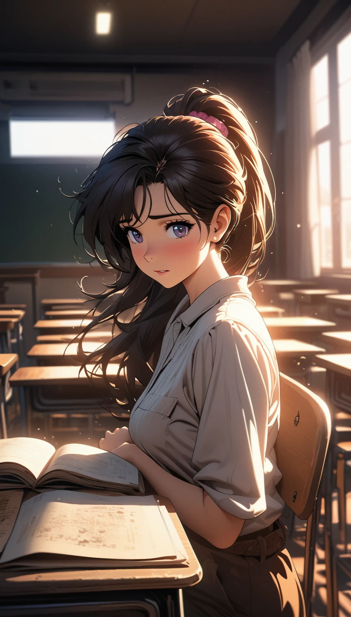Comic city hunter style， beautiful girl，classroom，Jie Kang ，ponytail，Shy，rich and colorful，Japanese manga artist Tsukasa Hojo&#39;style，depth of field，Overclocked renderer，movie lighting，Ultra-fine，super detailed，complicated，cinematic perspective，CG art，