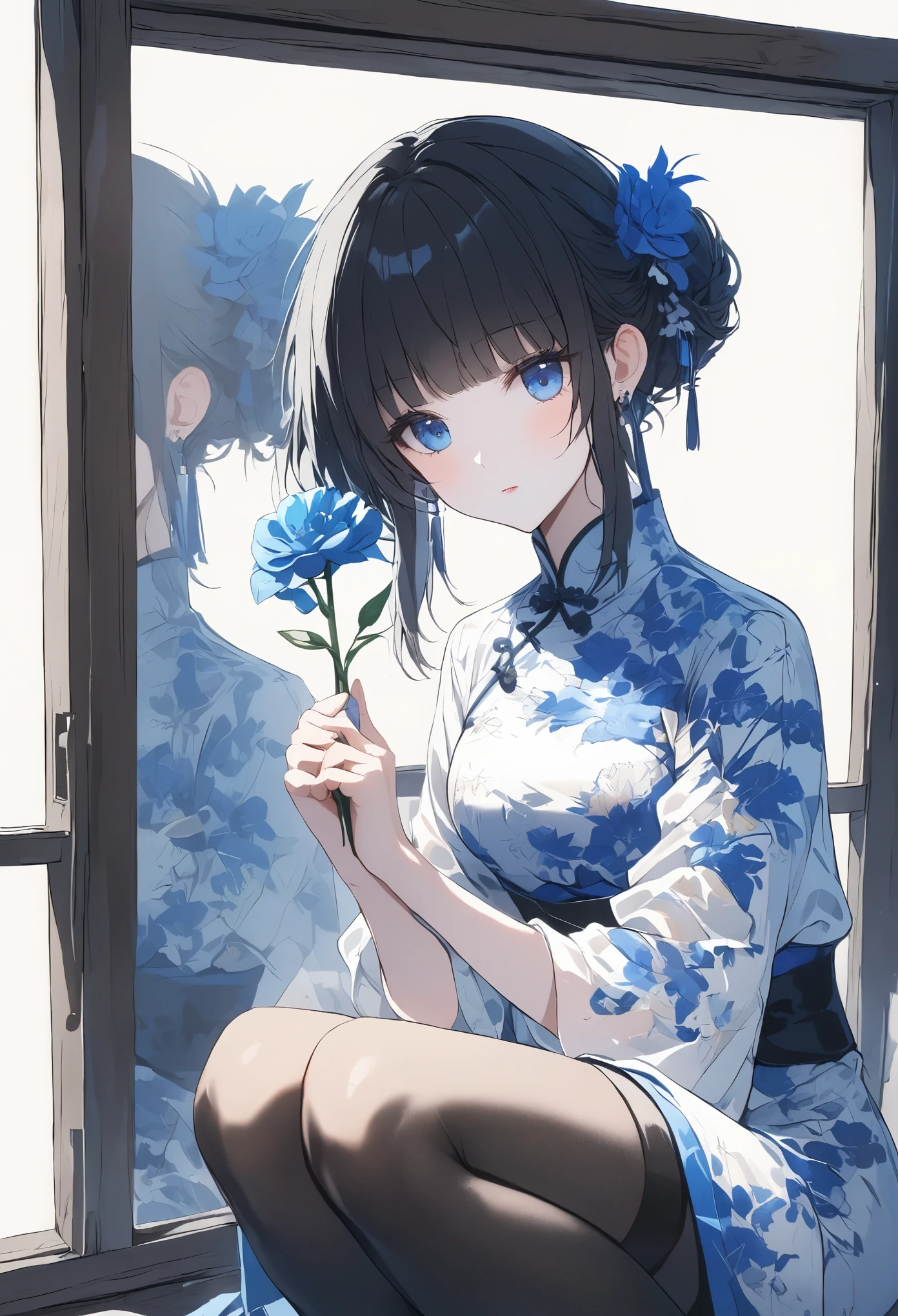 spring, chun ri nuan yang,Natural portrait,a woman with a red lipstick is squatting down, chun nuan hua kai,Japanese style portrait,a woman in a hat and dress holding a flower, chun ri lang man,Stereoscopic portraits,a woman sitting on a window sill in a white dress,