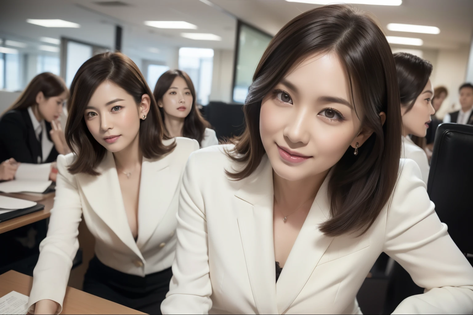 1girl,((highest quality, 8K, Representative works in detail, ultra high resolution)), (Group photo),(looking at the viewer),tight skirt suit, She leans forward and shows her red bra from her suit to tempt her. 、(full shot:), 40 generation women, fascinating look, (sitting at the office desk)), smile, CEO's Office,Beautiful eyes with high bilateral symmetry, (highly detailed eyes:1.4), (high resolution black eyes:1.1), intimate face, (Super detailed skin texture:1.4), white skin, white skin, perfect anatomy、force someone to sign a contract