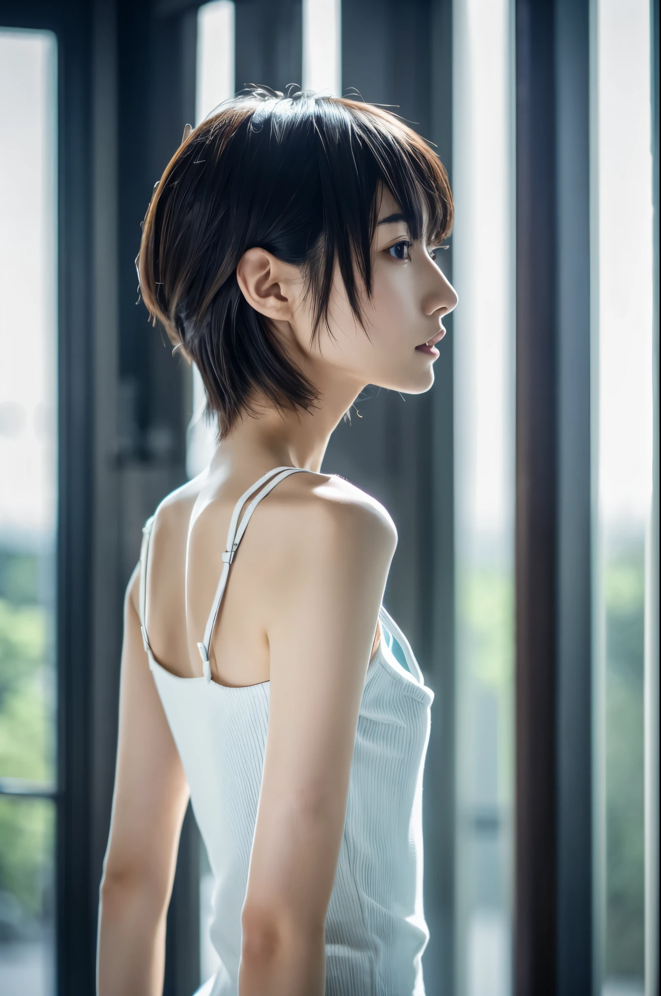 Skinny Japanese adult female, Rear view, detailed face, detailed eyes, bare shoulders, very thin waist, blurred background, masterpiece, high resolution, 8K, Highest image quality, Cinematic, (Full-body photo)