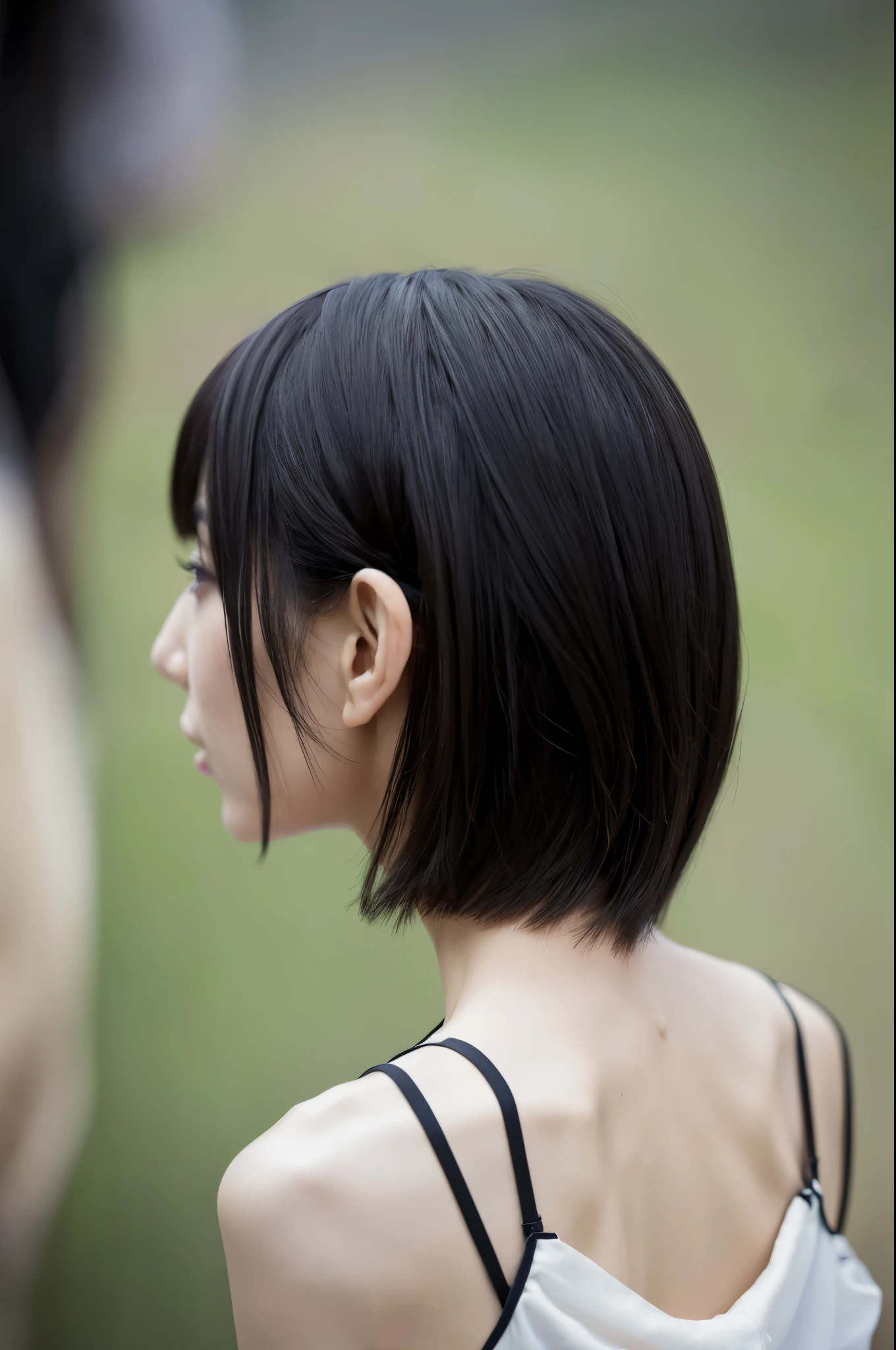 Skinny Japanese adult female, Rear view, detailed face, detailed eyes, bare shoulders, very thin waist, blurred background, masterpiece, high resolution, 8K, Highest image quality, Cinematic, (Full-body photo)