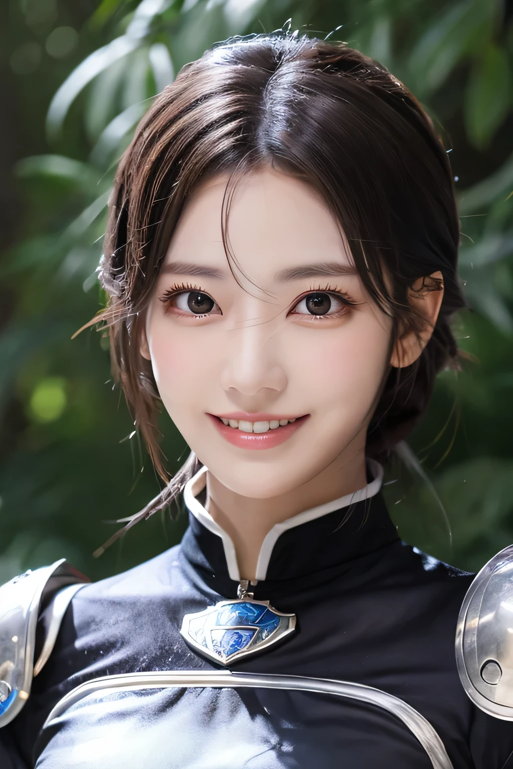 highest resolution, 4k, masterpiece: 1.3), japanese mature, women pictures, sexy, fine eyes, slender body shape, realistic teeth, double eyelid, full body, highest quality, get used to it, equipped with armor, in a fantasy world, The background is a castle、black hair、smile、beautiful teeth、full body photo、hairstyle shortcut、heavy equipment、Luxurious Silver Armor、