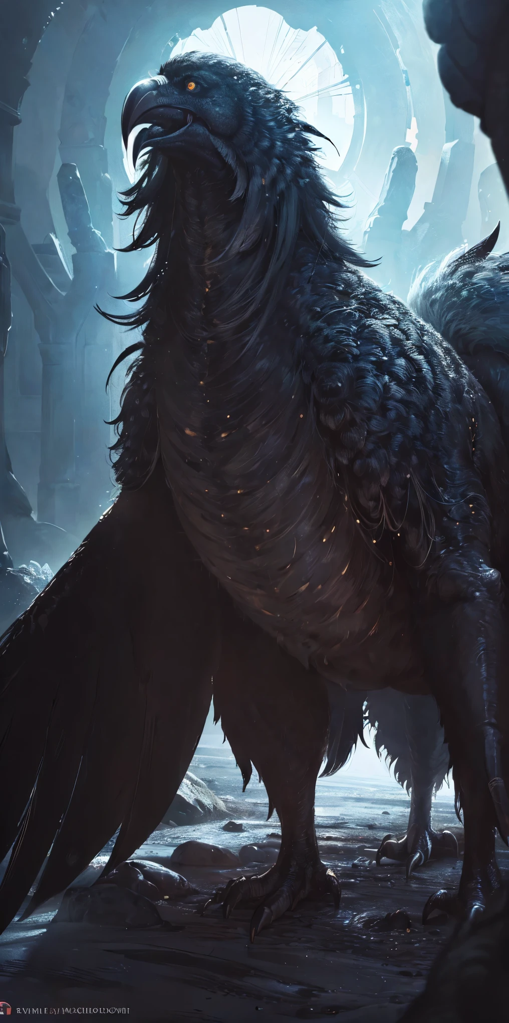 (best quality:1.2, ultra-detailed, realistic:1.37), black feathers, realistic portrait of a giant crow, dark and mysterious artistic style, intense lighting, vibrant colors