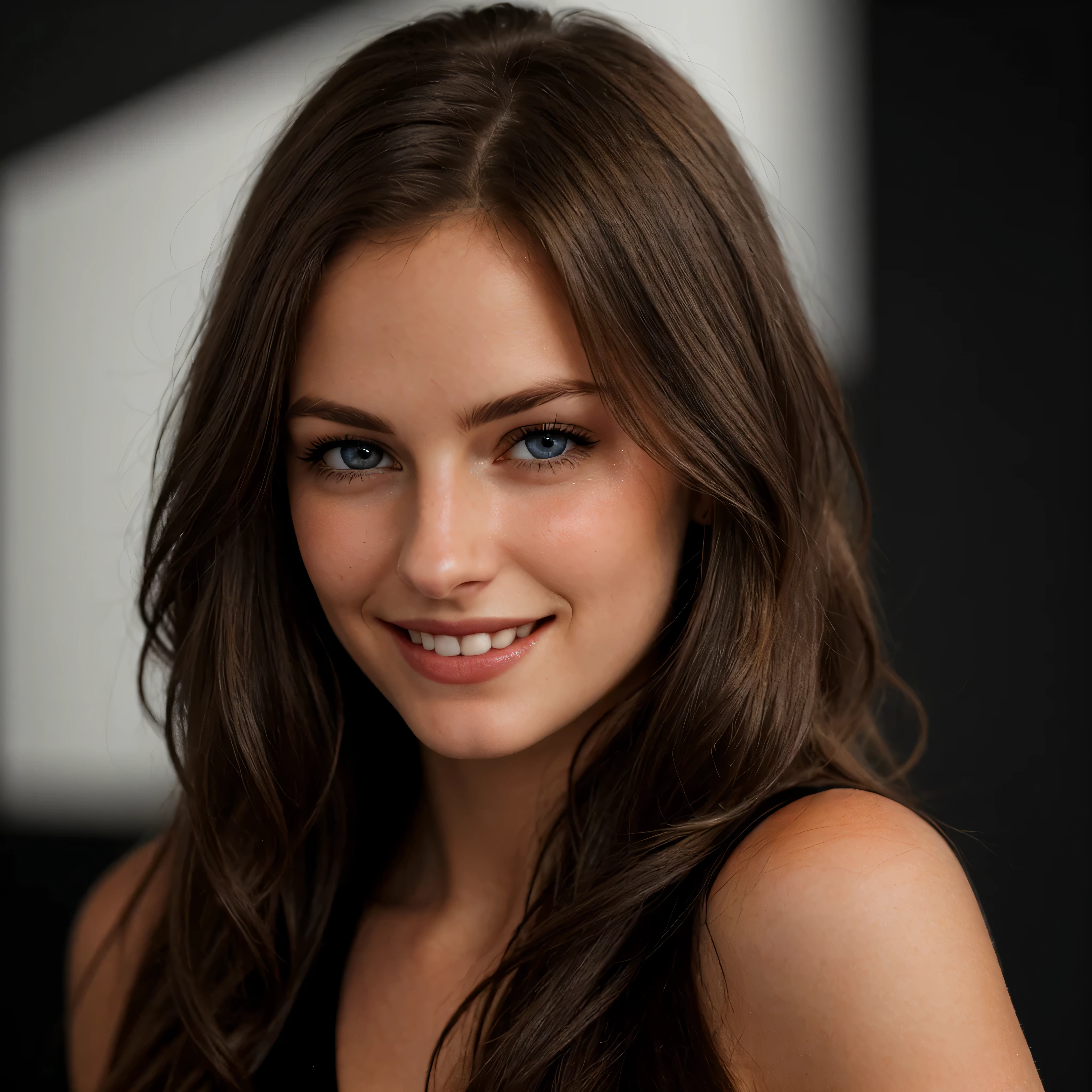 a closeup dark upper body shot photo of a blonde with perfect eyes, smile, dark background