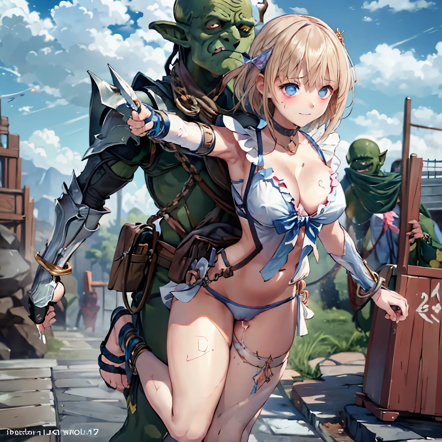 (1boy, goblin, green skin. standing), (fanny packing:1.2), (1girl, white skin) (onarmor, meat shield:1.2), chain, rope, (anklet, chained ankles, bracelet, chained wrists, shackled hands:1.1), exposed pussy, (vaginal sex), large penis, (cum on pussy), torn clothes, arms up, armpit, hugged from behind, cowboy shot, nsfw goblin, masterpiece, masterpiece, goblinriding, a goblin is riding a girl, goblin, mutiple goblins, goblins, (all fours), 1girl, (magical girl:1.1), (nose hook), reins, collar, chain, rope, obey, happy trance, smile, hair ornaments, short hair, blonde hair, hair ribbon, Heterochromia, glowing eyes, blue eye, brown eye, Shirai Hinako, Blue Reflection, medium breast, expressionless, emotionless, blank eyes, empty eyes, mind control, apocalyptic background 