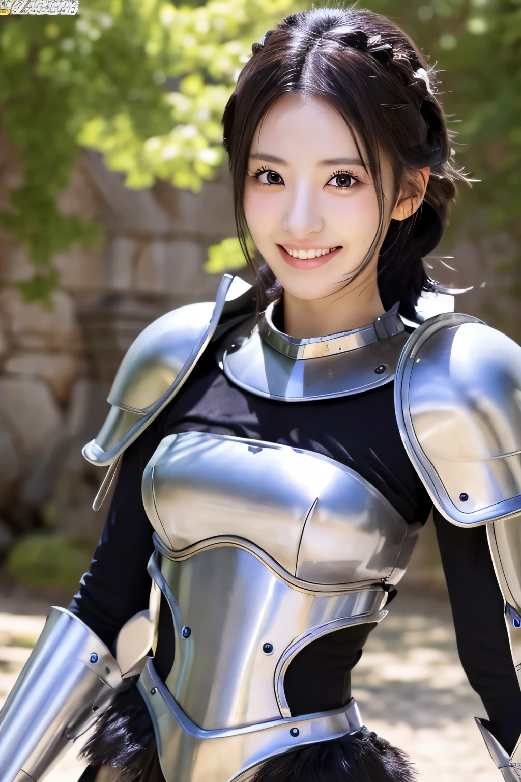 highest resolution, 4k, masterpiece: 1.3), japanese mature, women pictures, sexy, fine eyes, slender body shape, realistic teeth, double eyelid, full body, highest quality, get used to it, equipped with armor, in a fantasy world, The background is a castle、black hair、smile、beautiful teeth、Upper body、hairstyle shortcut、heavy equipment、Luxurious Silver Armor、