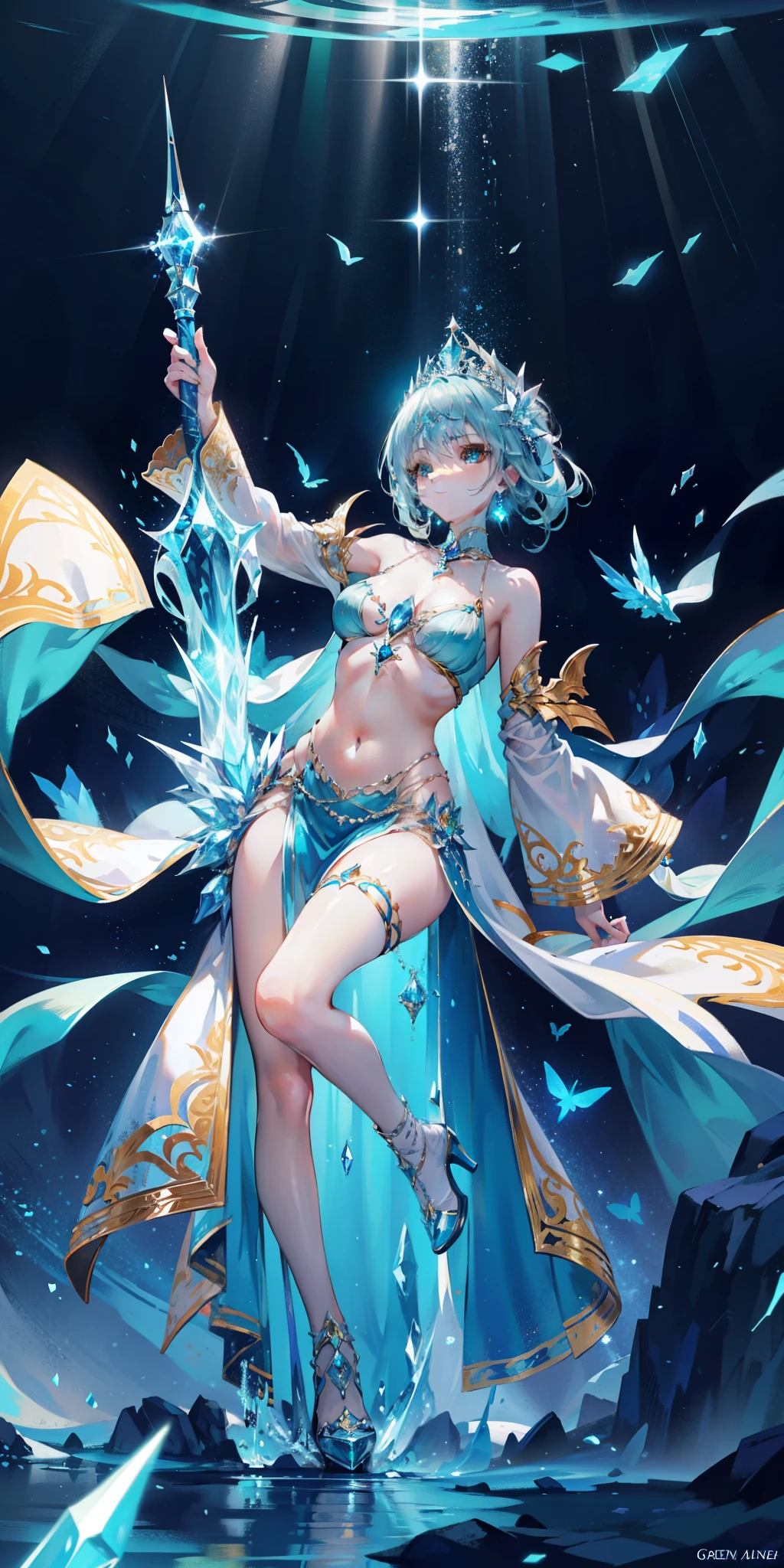 masterpiece,top quality,fantasy,Blue space with shining stars,ice cave,Girl using magic blonde girl),,green eyes,(Blue jewelry and luxurious silver tiara,Navel ejection、Gorgeous sexy girl in white dress,Blue gemstone brooch,golden decoration),White and blue high heels,white high socks、Wear blue socks on your right foot,Luxury sword，Blue gemstone in hand,confident facial expression,Green cube glowing on the ground,Purple fog,Fly green laser beam,Posture of holding a sword with both hands,low angle,There are large blue crystals under your feet