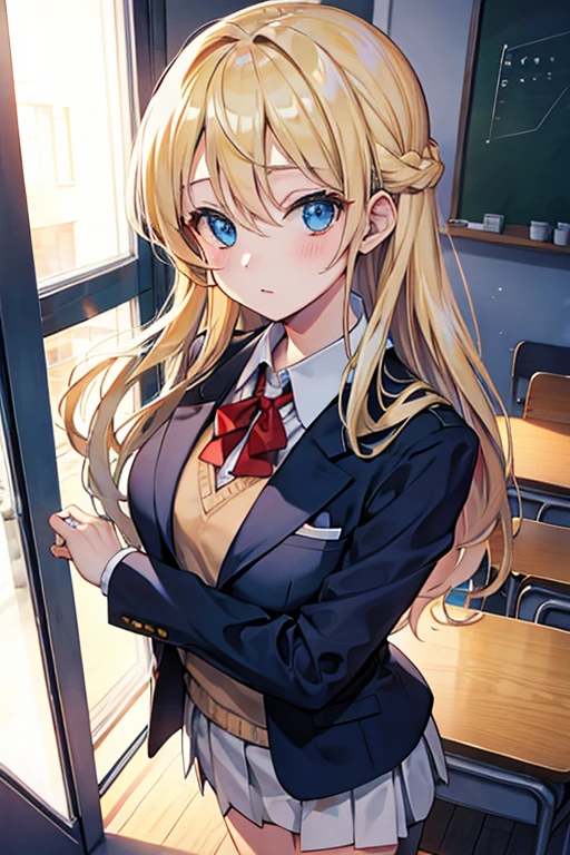 hair over eyes, blonde hair, blue eyes, blazer, standing, Fair skin, indoors, classroom, looking at viewer, 1990s (style), --niji 5  --ar 2:3 --s 100

