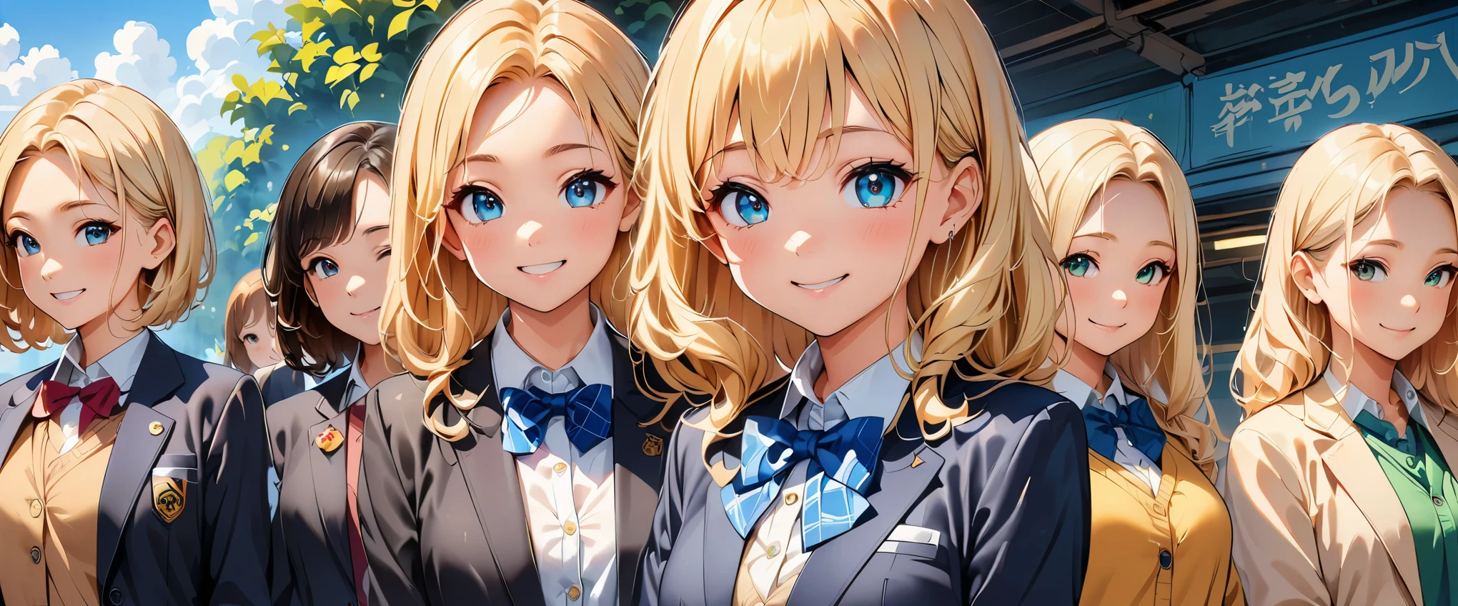 (highest quality, 4k, High resolution, masterpiece:1.2), Super detailed, (anime style, photorealistic:1.37), [An illustration]、colorful、Elegant、Portrait、high school girl、blazer, Memorable group photo、4 girls、lined up、cute pose、bright clothes、beautiful detailed eyes、gorgeous hairstyle、fun expression、sunny outdoor scene、blooming flowers、green、 soft natural light、bright smile、like々new charm、friendship、carefree atmosphere、Happy memories。