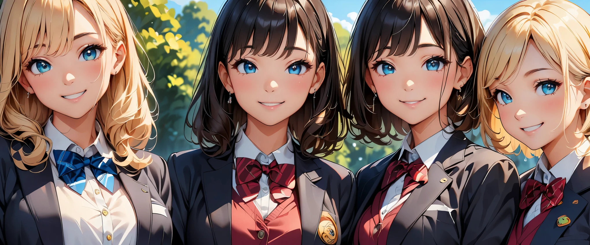 (highest quality, 4k, High resolution, masterpiece:1.2), Super detailed, (anime style, photorealistic:1.37), [An illustration]、colorful、Elegant、Portrait、high school girl、blazer, Memorable group photo、4 girls、lined up、cute pose、bright clothes、beautiful detailed eyes、gorgeous hairstyle、fun expression、sunny outdoor scene、blooming flowers、green、 soft natural light、bright smile、like々new charm、friendship、carefree atmosphere、Happy memories。
