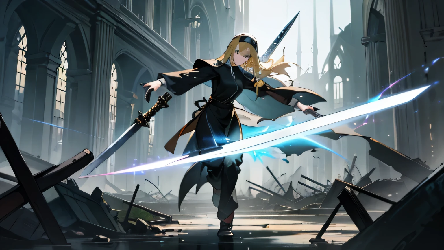(highest quality、masterpiece)、（detailed）、８K、neogen、A nun holding a large sword in both hands、perfect face、Running and slashing、Mechanical and huge１Book sword、blonde、monastic clothes、one person、slender body、Powerful、Speedy、cross effect、inside the ruined city