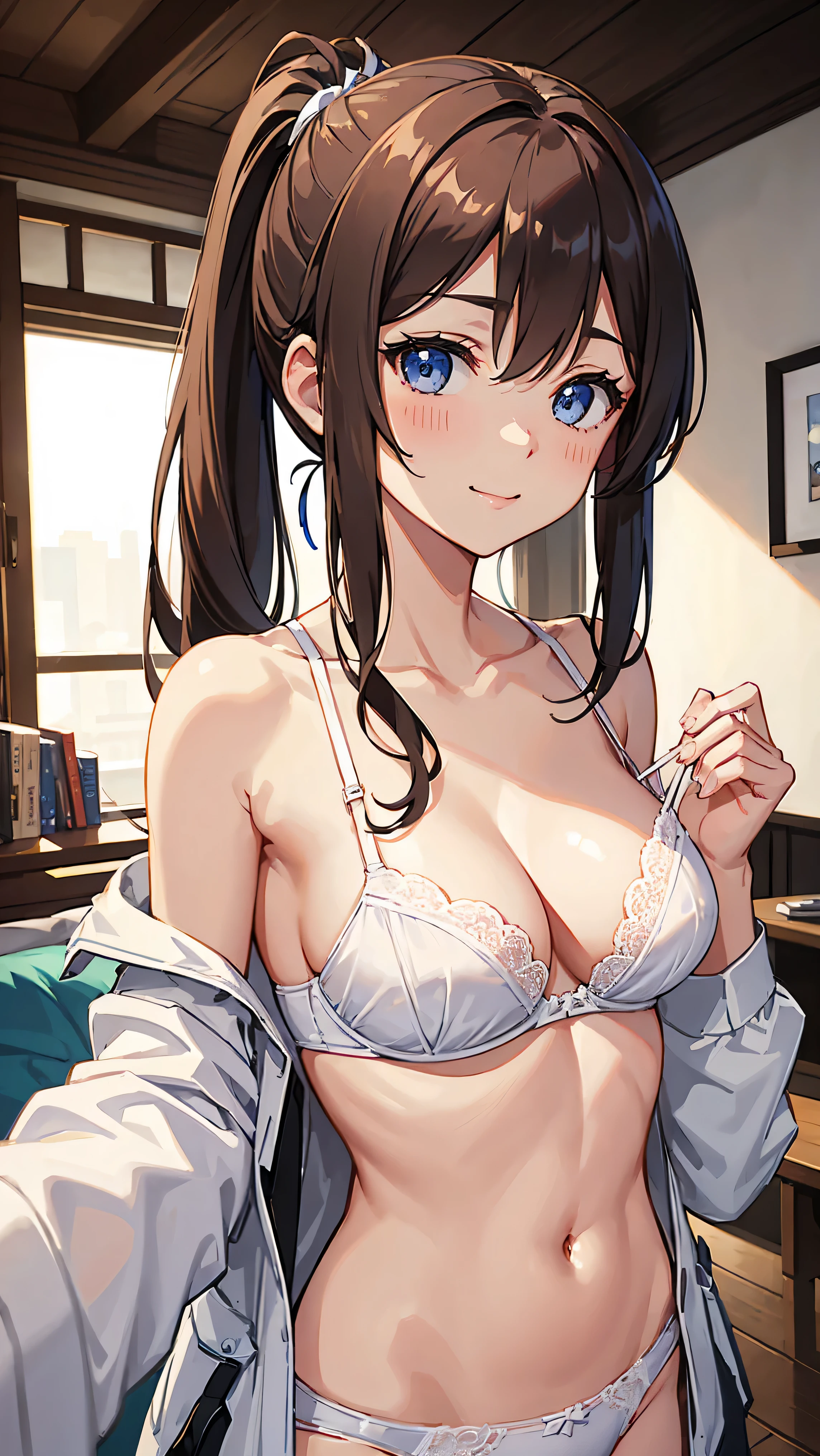 best quality, masterpiece, highres, solo, {saratoga_kantaicollection:1.15}, brown_hair, long_hair, ponytail, side_ponytail, hair_between_eyes, blue_eyes, breasts, sidelocks, large_breasts, smile, pocket, breast_pocket, smokestack, 1girl, blush, bra, cleavage, collarbone, looking_at_viewer, underwear, white_bra, closed_mouth, panties, underwear_only, white_panties, smokestack_hair_ornament, upper_body