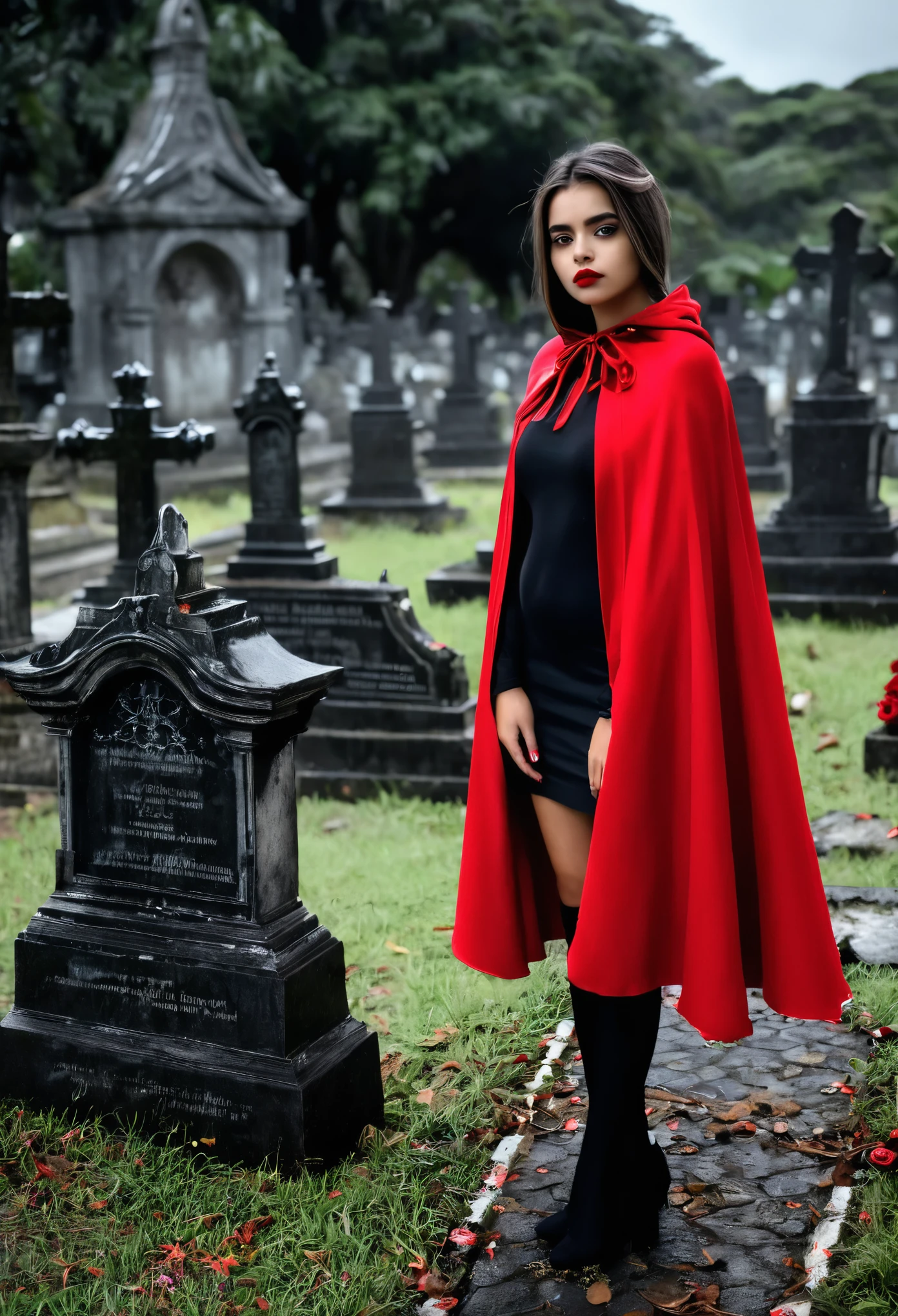 A beautiful girl wearing a cape, um vestido vermelho sangue e detalhes preto, segurando uma linda rosa vermelha, usando uma capa preta com capuz, a metade do rosto belo e outra metade caveira, in the background a dark and gloomy cemetery