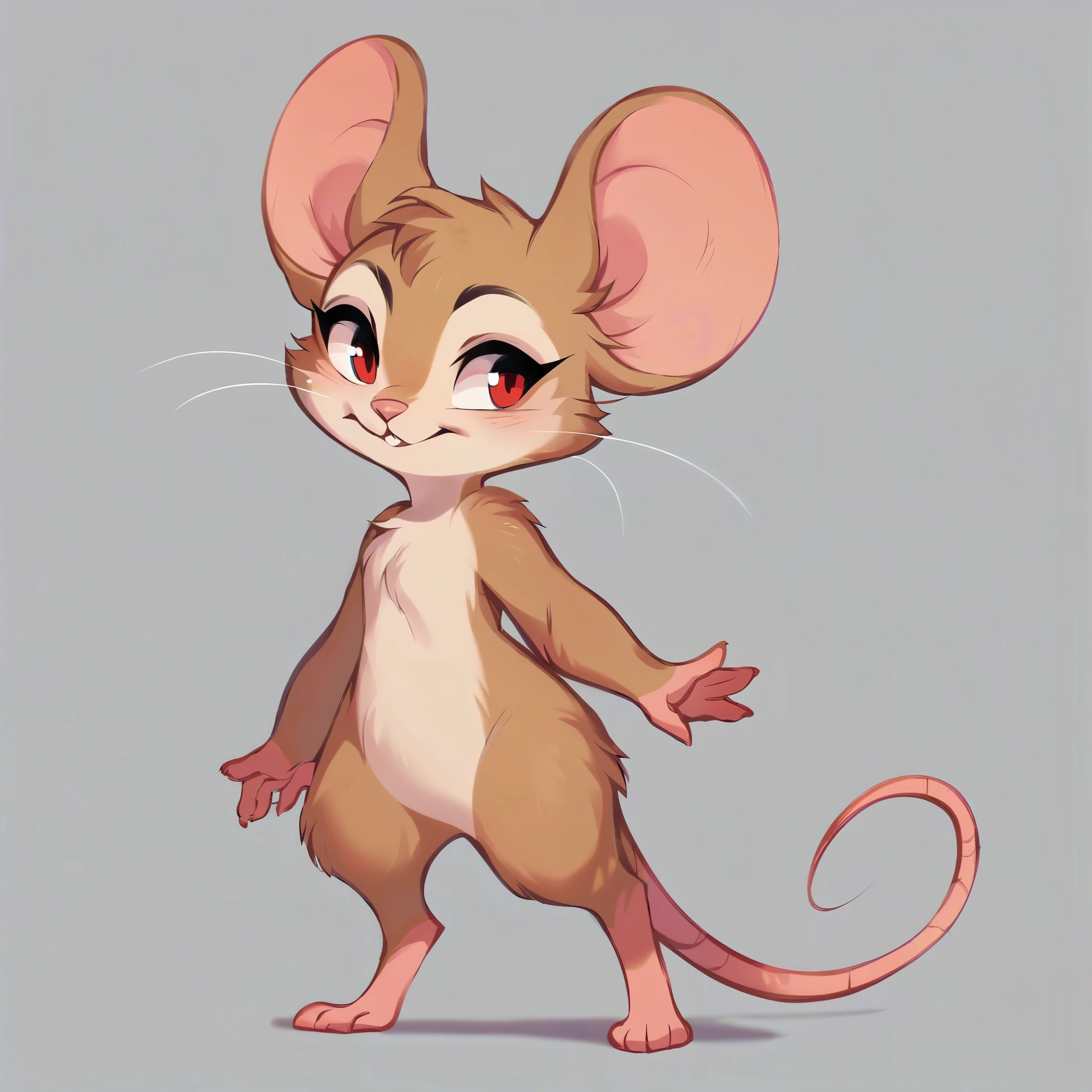 score_9, score_8_up, score_7_up, score_6_up, score_5_up, score_4_up, show accurate, full body, hungry body, simple background, (solo), (semi anthro), mouse, female mouse, standing, (light brown dull fur), red eyes, 