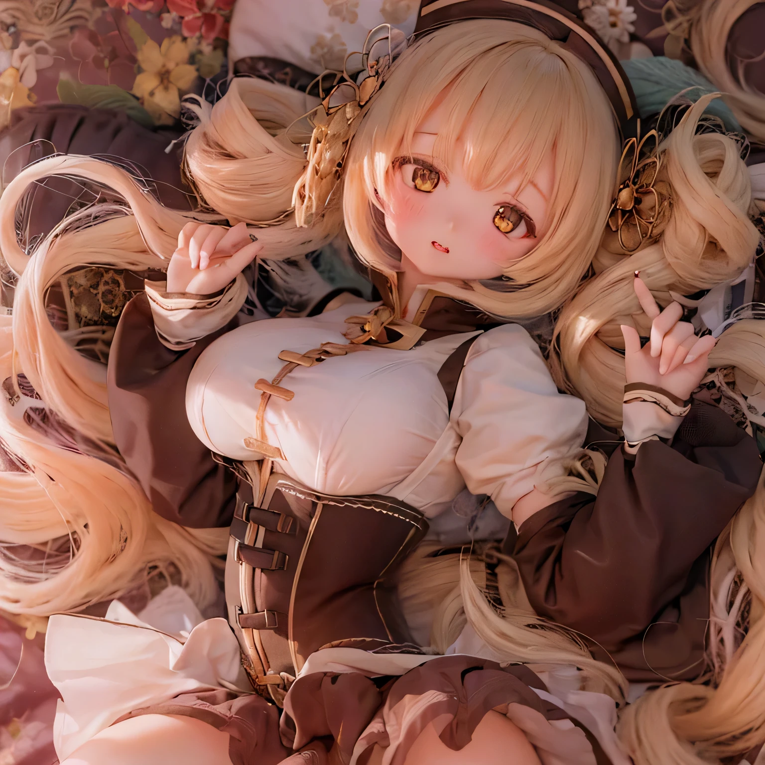 (best quality,ultra-detailed,masterpiece:1.2),expressive eyes,perfect face,beautiful Mami Tomoe,sofisticated pose,long pink hair,golden eyes, pink lips,detailed magical girl costume,dark background,glowing ,anime style,vibrant colors,mysterious aura cute (((((thick lips)))))curvy full body Voluptuous Body Figure (((((sleep on bed)))))zoom tits