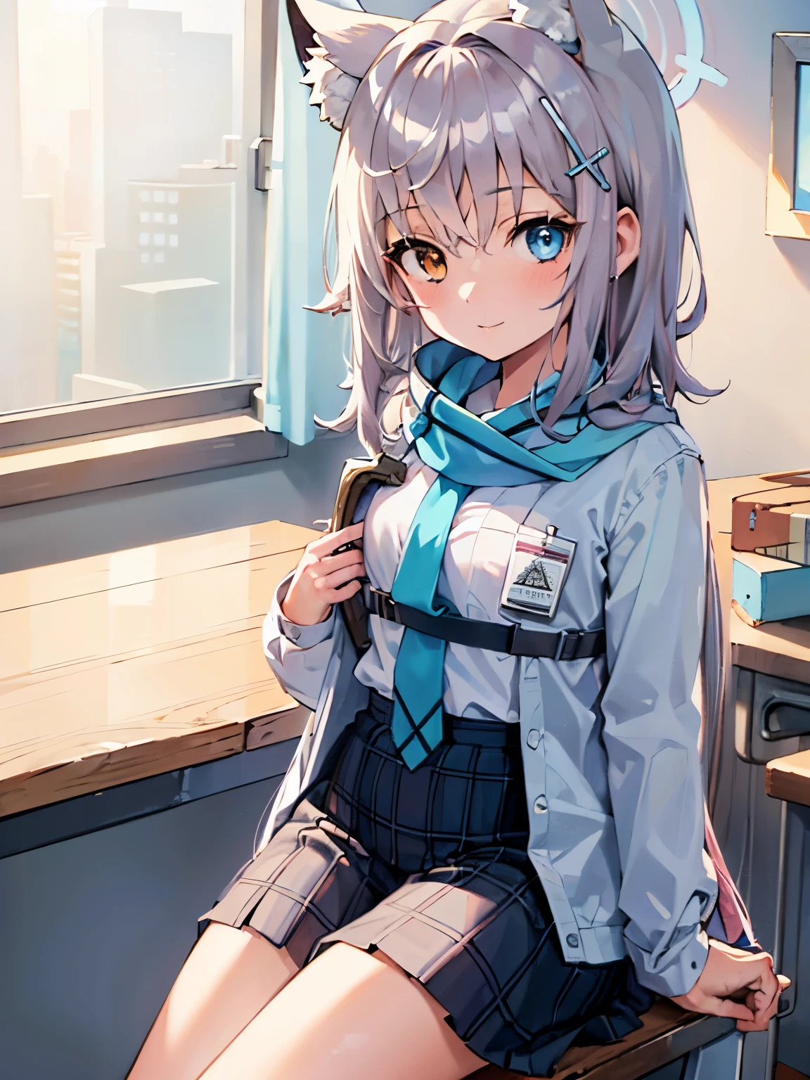 masterpiece, highest quality, Super detailed, indoors, animal ears,school ,Hello,gray hair,medium hair,blue eyes,blue scarf,white shirt,(blue jacket:1.1) , No expression,vaginal,sex,woman on the top,1boy,