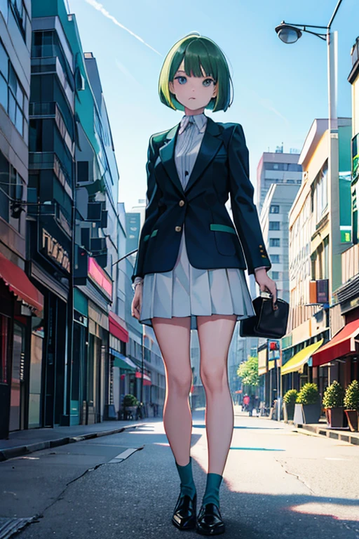 bob cut, green hair, blue eyes, blazer, standing, Fair skin, outdoors, city, looking at viewer, 1990s (style), --niji 5  --ar 2:3 --s 100