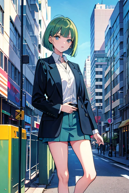 bob cut, green hair, blue eyes, blazer, standing, Fair skin, outdoors, city, looking at viewer, 1990s (style), --niji 5  --ar 2:3 --s 100