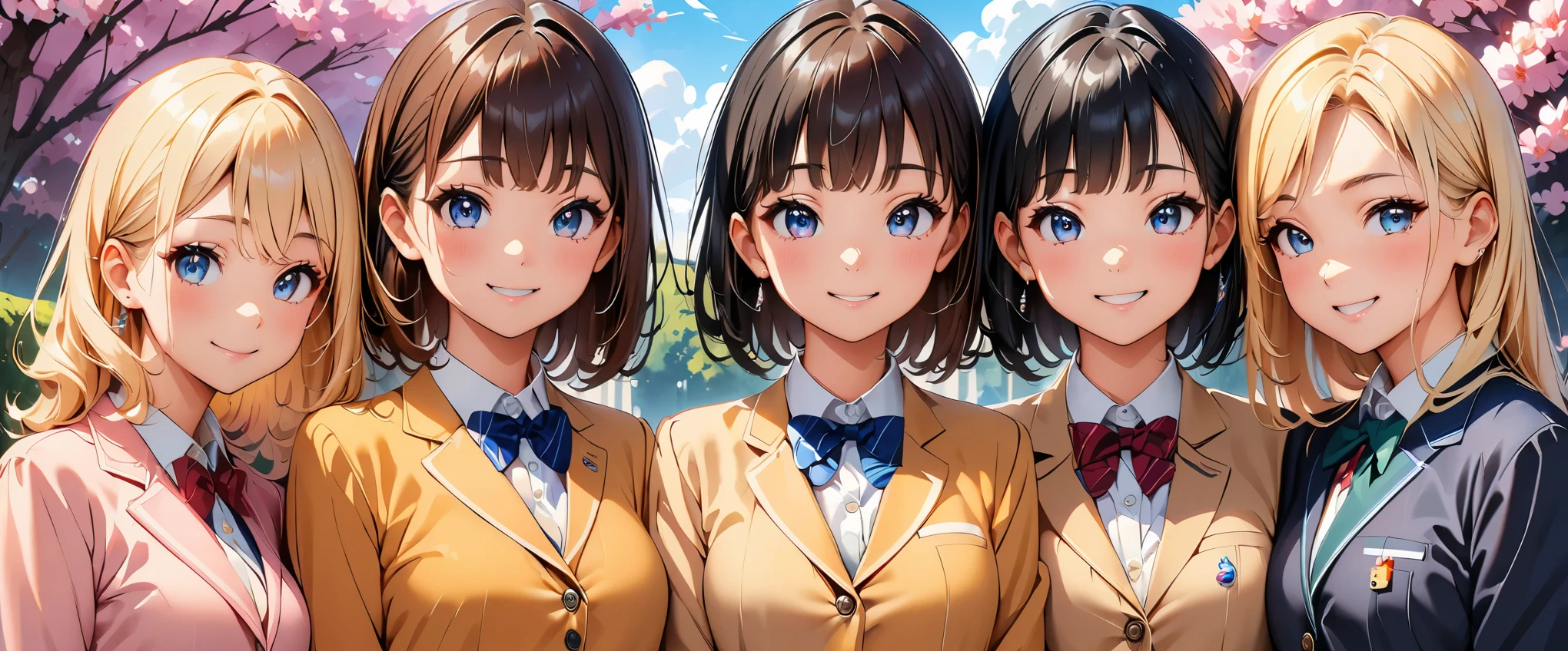 (highest quality, 4k, High resolution, masterpiece:1.2), Super detailed, (anime style, photorealistic:1.37), [An illustration]、colorful、Elegant、Portrait、high school girl、blazer, Memorable group photo、4 girls、lined up、cute pose、bright clothes、beautiful detailed eyes、gorgeous hairstyle、fun expression、sunny outdoor scene、(Cherry blossoms blooming)、New  Year Morning、 soft natural light、bright smile、like々new charm、friendship、carefree atmosphere、Happy memories。