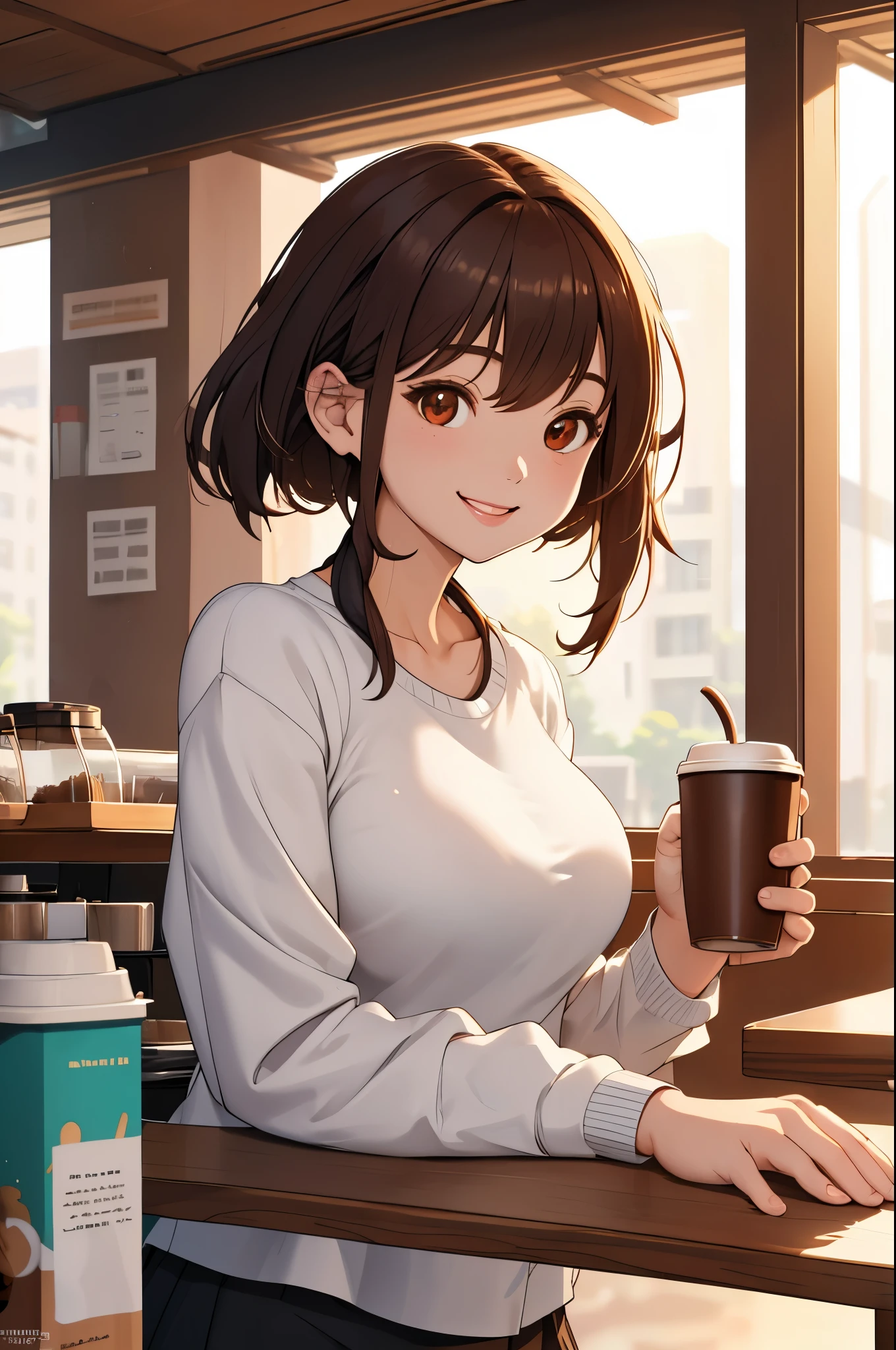 (Raw photo, highest quality), 1 girl, Natural light, Upper body, coffee shop, smile, Satosh Kong's art style
