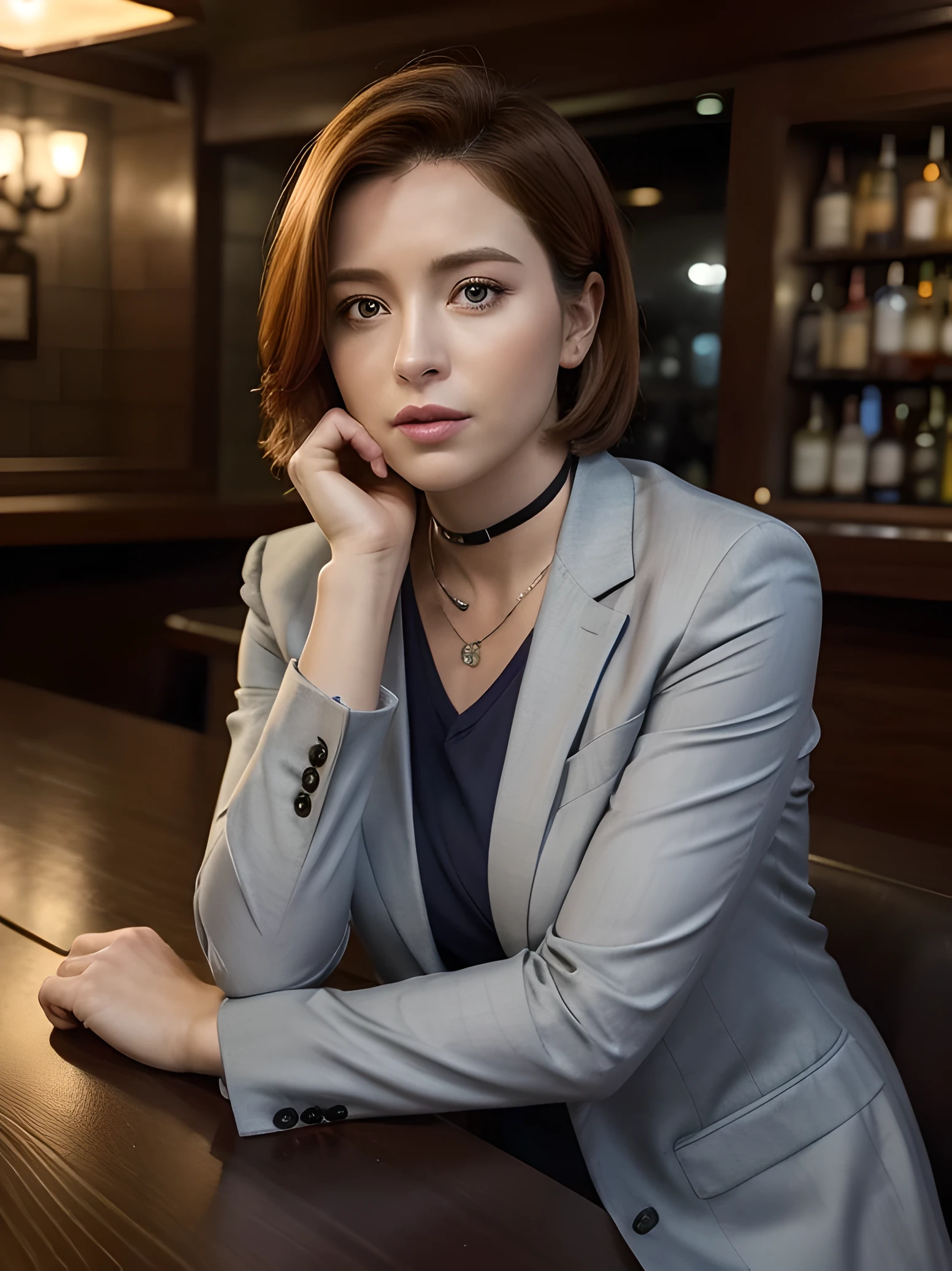 FBI agent Scully's both her arms curled up and seated in a booth of a bar. She is holding a gun and visible to viewer. She wear a visible white lanyard card around her neck, on the lanyard card surface write "FBI" correctly. She also wearing a gray blazer and a gray pant. Scully has short hair style, her face expression tense but brave with focus eye facing viewer. Background is a bar booth with dim lit booth of a seedy bar, ambient, realism lightings, scenery, realistic, ambient, fingers detailed, perfect symmetry, wide angle, 32k,UHD.