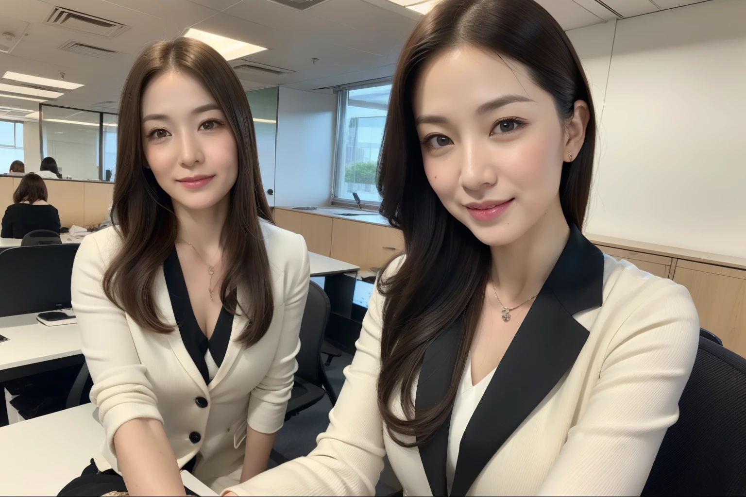 1girl,((highest quality, 8K, Representative works in detail, ultra high resolution)), (Group photo),(looking at the viewer),tight skirt suit, D cup breasts、Seduce me by sitting on the office desk with my legs spread in an M shape and showing my panties 、(full shot:), 40 generation women, fascinating look, 、sitting at the office desk, smile, CEO's Office,Beautiful eyes with high bilateral symmetry, (highly detailed eyes:1.4), (high resolution black eyes:1.1), intimate face, (Super detailed skin texture:1.4), white skin, white skin, perfect anatomy、force someone to sign a contract