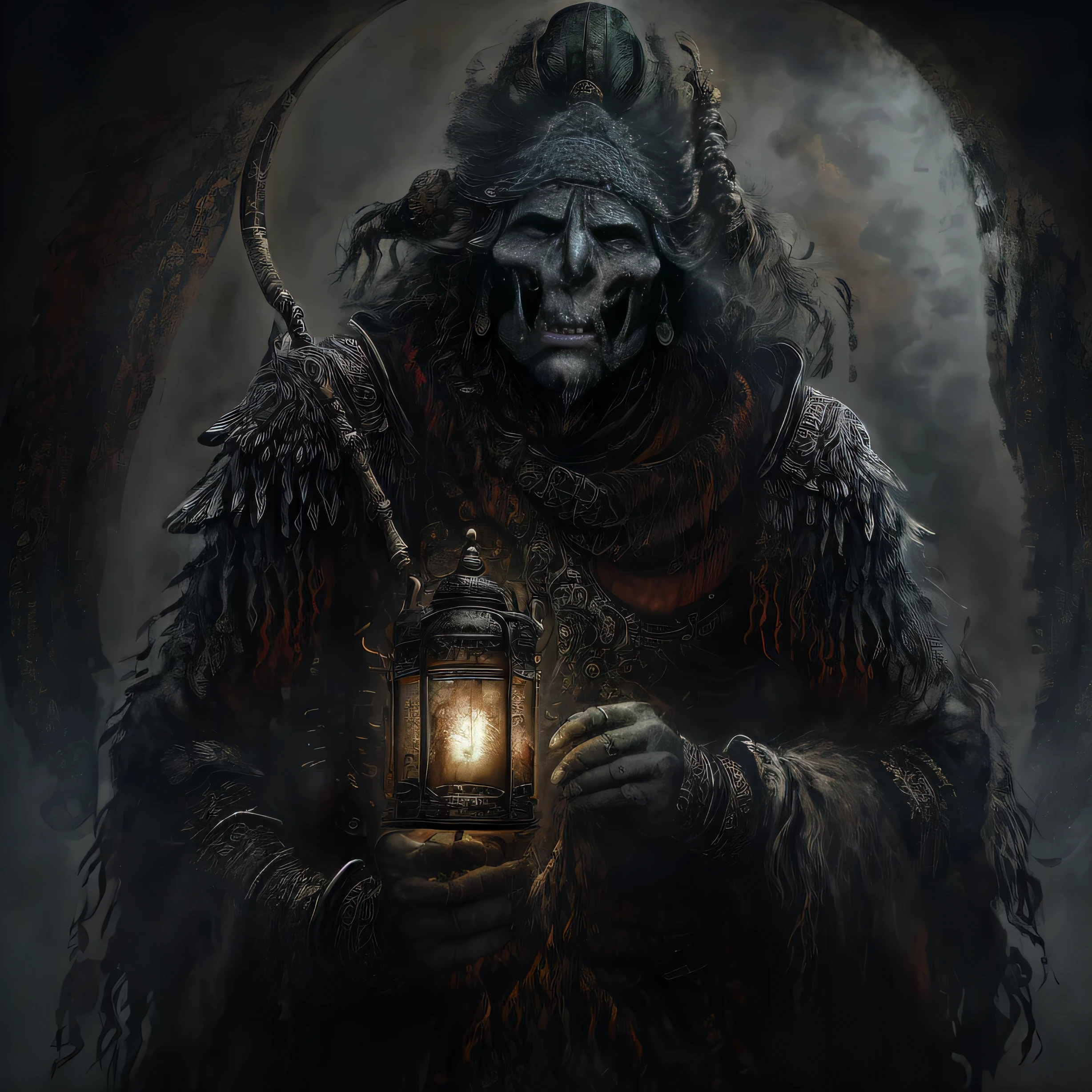 （best quality：1.0），（ultra high resolution：1.0），（masterpiece），apocalyptic style），Elden Ring，Extremely terrifying，Jumbo phobia：1，background with：1.2，grim Reaper，Depicts the mysterious and terrifying image of the Grim Reaper，Holding a sickle in his left hand，Holding a lantern in his right hand