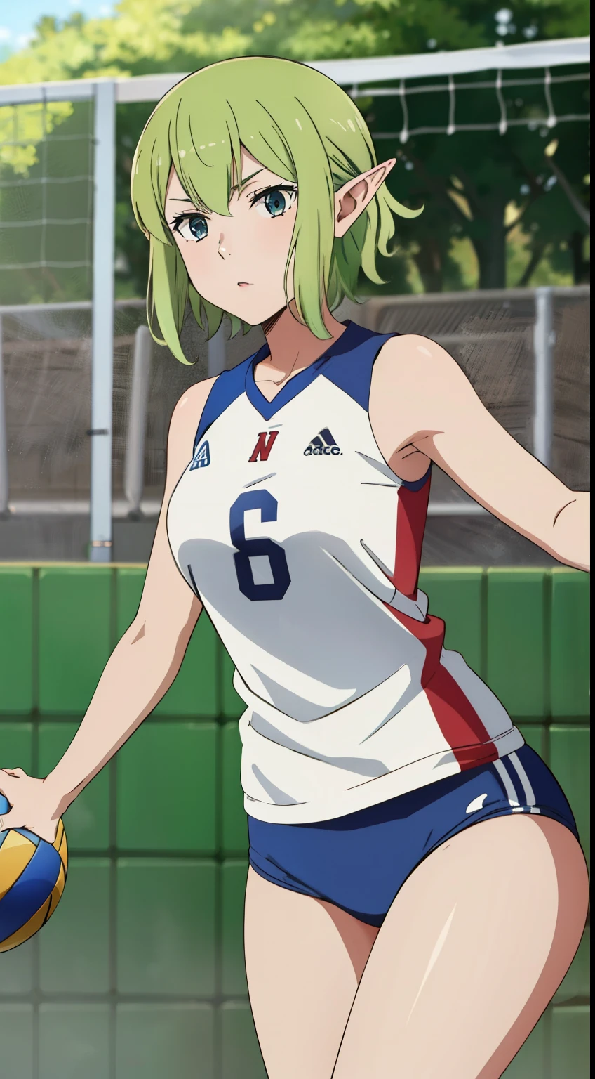 masterpiece,highest quality,anime,2D,Detailed face,
1 girl, alone, pointy ears, green hair, goblin, blue eyes, short hair,green hair,volleyball wear,gym,Volleyball Form,stylish angle,(lively_color:1.2) (beautiful_medium breasts:1.3), (beautiful_face:1.4),(beautiful_thighs:1.1),