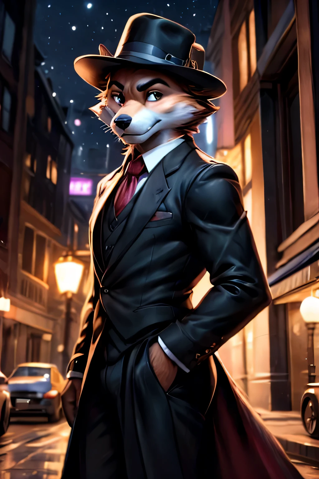 there is a dog wearing a suit and hat standing in front of a building, epic and classy portrait, dramatic cinematic detailed fur, a portrait of the character, masterpiece anthro portrait, professional concept art, elegant dog, blacksad, expert high detail concept art, official character art, noir film world character design, cinematic matte illustration, official concept art