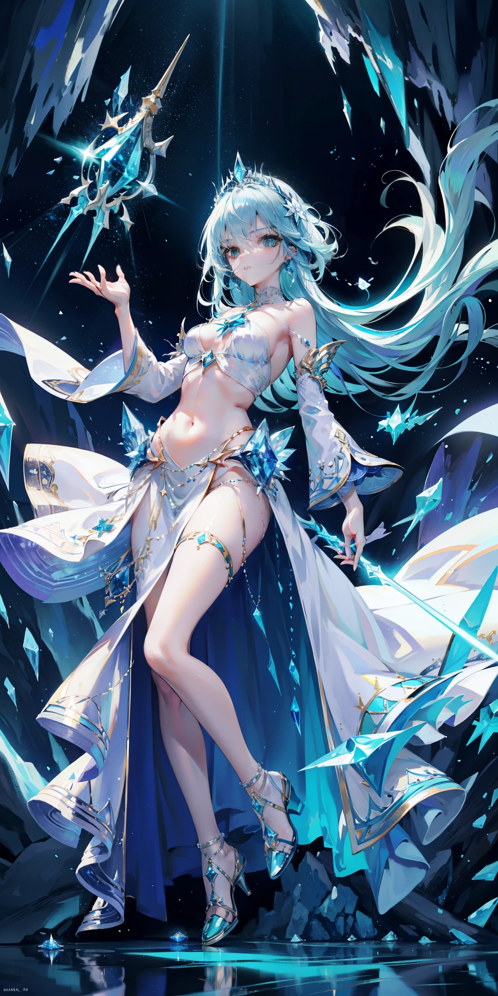 masterpiece,top quality,fantasy,Blue space with shining stars,ice cave,Girl using magic blonde girl),,green eyes,(Blue jewelry and luxurious silver tiara,Navel ejection、Gorgeous sexy girl in white dress,Blue gemstone brooch,golden decoration),White and blue high heels,white high socks、Wear blue socks on your right foot,Luxury sword，Blue gemstone in hand,confident facial expression,Green cube glowing on the ground,Purple fog,Fly green laser beam,Posture of holding a sword with both hands,low angle,There are large blue crystals under your feet