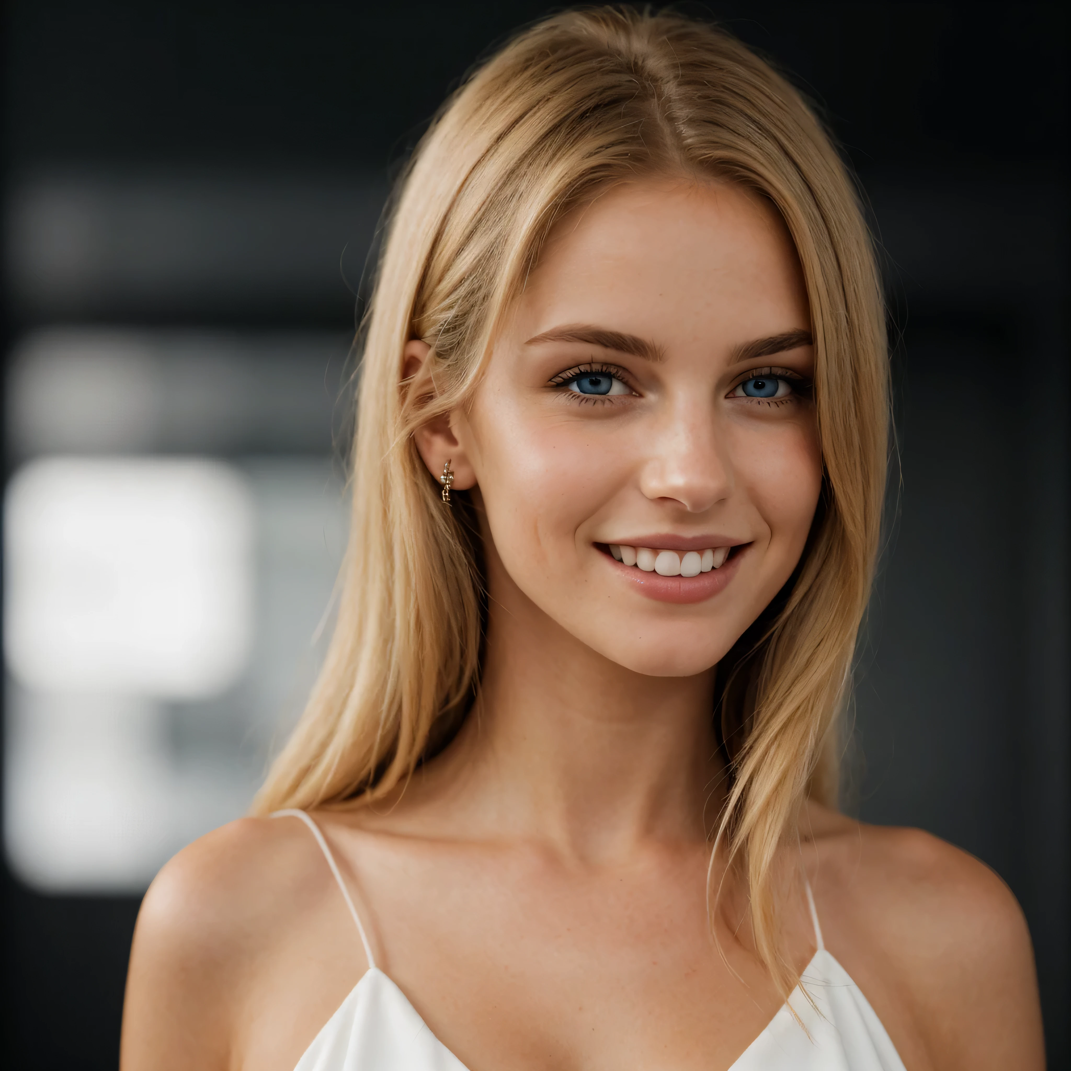 a closeup dark upper body shot photo of a blonde with perfect eyes, smile, dark background