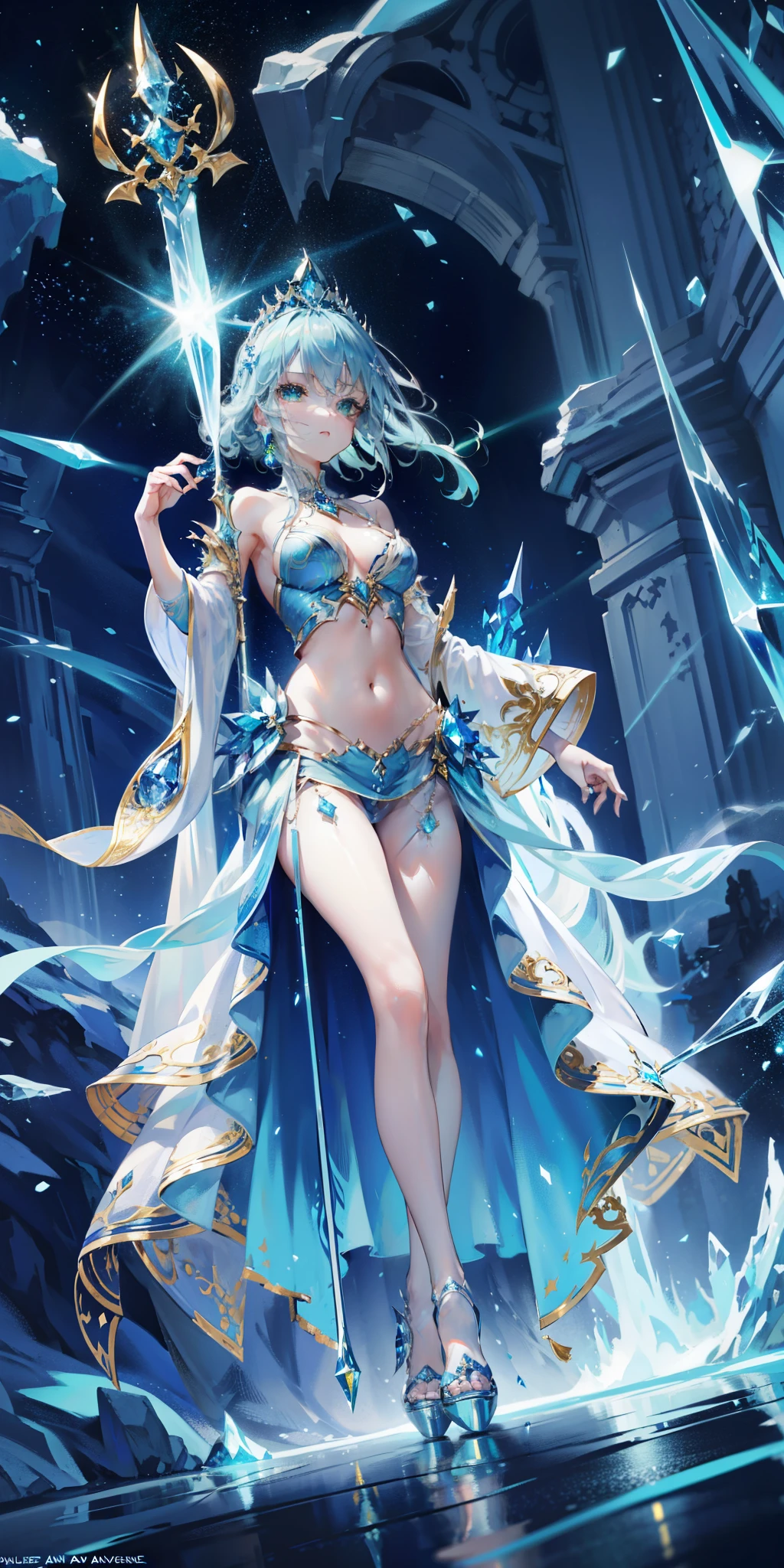 masterpiece,top quality,fantasy,Blue space with shining stars,ice cave,Girl using magic blonde girl),,green eyes,(Blue jewelry and luxurious silver tiara,Navel ejection、Gorgeous y girl in white dress,Blue gemstone brooch,golden decoration),White and blue high heels,white high socks、Wear blue socks on your right foot,Luxury sword,Blue gemstone in hand,confident facial expression,Green cube glowing on the ground,Purple fog,Fly green laser beam,Posture of holding a sword with both hands,low angle,There are large blue crystals under your feet