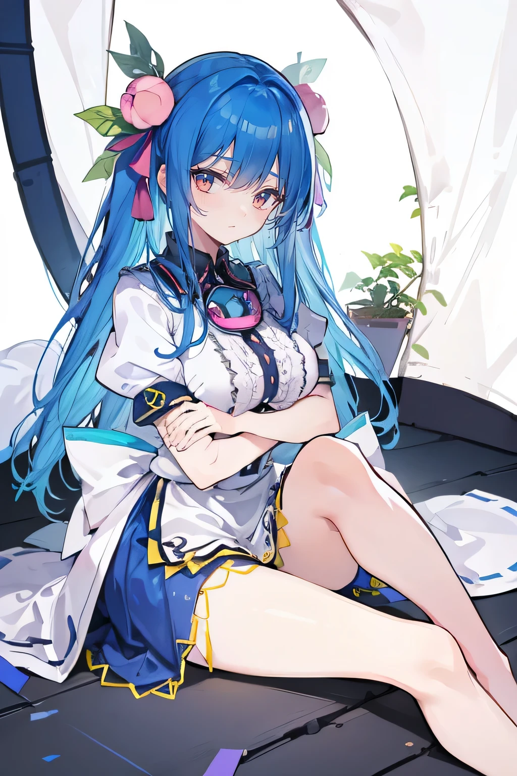 (masterpiece),best quality, expressive eyes, perfect face,sit, sit on ground, Legs on the ground, 1girl,
Big breasts, H cup, Good breasts, crossed arms, fair, Gorgeous,Japanese cartoons,girl,lola,Hina Angel, blue hair, blue haired,tent , tent chest, tent breast, floating clothes