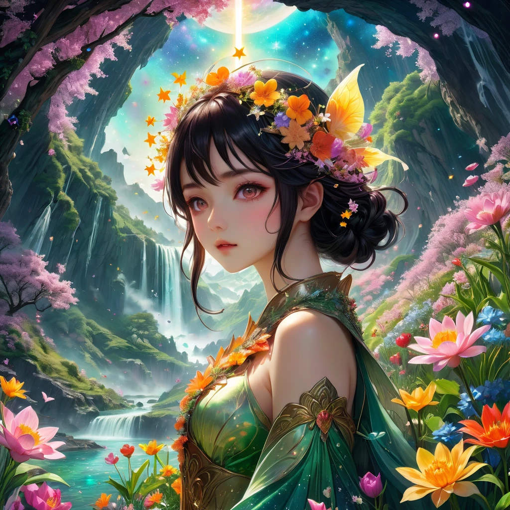 Spring Morning, aesthetic, "a whimsical spring morning world adventure into the center of a magical spring flower galaxy made of stars on a starry sky, skyrim! spring flower blooming" double exposure collage art illustration, sparkly glowing waterfalls, flying islands, rising sun, fantasy, hdr, sparkles, vibrant, surrealism, hyperdetailed, hypermaximalist illustration by Meg Chikhani, Victo_Ngai, Rlon, Andreas_Lie, Android_Jones, by artist "anime", Anime Key Visual, Japanese Manga, Pixiv, Zerochan, Anime art, Fantia
