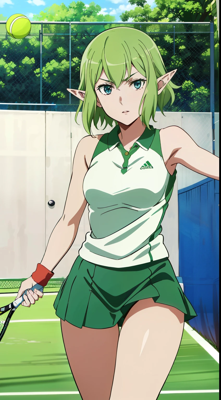 masterpiece,highest quality,anime,2D,Detailed face,
1 girl, alone, pointy ears, green hair, goblin, blue eyes, short hair,green hair,tennis wear,Tennis court,tennis form,stylish angle,(lively_color:1.2) (beautiful_medium breasts:1.3), (beautiful_face:1.4),(beautiful_thighs:1.1),