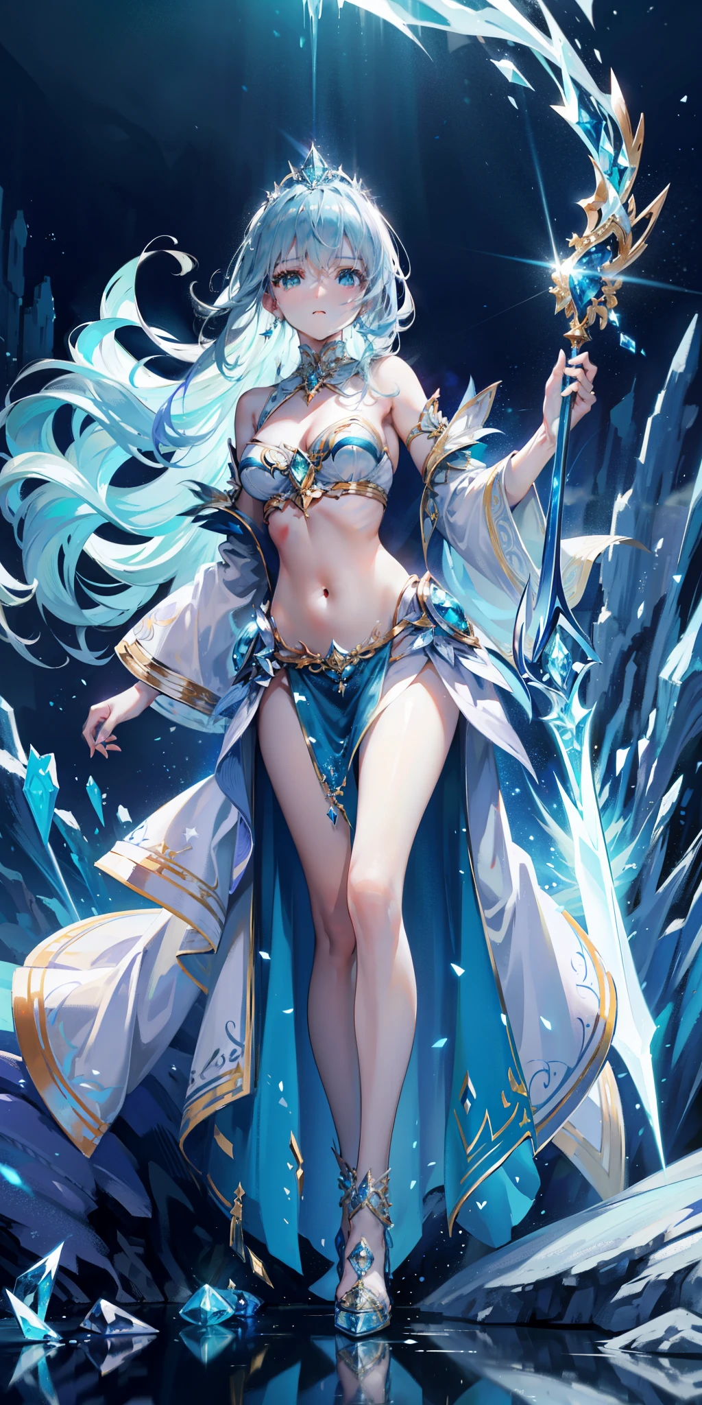 masterpiece,top quality,fantasy,Blue space with shining stars,ice cave,Girl using magic blonde girl),,green eyes,(Blue jewelry and luxurious silver tiara,Navel ejection、Gorgeous sexy girl in white dress,Blue gemstone brooch,golden decoration),White and blue high heels,white high socks、Wear blue socks on your right foot,Luxury sword，Blue gemstone in hand,confident facial expression,Green cube glowing on the ground,Purple fog,Fly green laser beam,Posture of holding a sword with both hands,low angle,There are large blue crystals under your feet