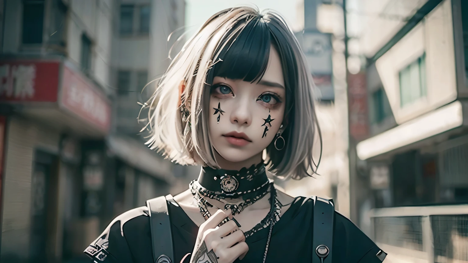 Mohican、、goth、(masutepiece), (Portrait), (Aesthetic), (Beautiful), (upper blody), (High quality), (aesthetic clothings), (professional angle), (thirds rule), (Feminine), (Woman), (Beautiful),(Feminine features), (25-years old), Solo, 1 woman, (Charming punk girl), Winters, Dramatic light,), Edgy makeup, (Small bust), , (Front face), (Defiant expression), ((defiance)), (Leather jackets and tattoos), ((Short hair)), (dyed (E.G. and pinks) hair), (spiky hair), (Thick hair), Matte Shine Hair, (Hair bands scattered in the hair), (Green eyes), (Bold and bold look), (pale skin), (Dark clothes), (Band T-shirt), (Ripped jeans), (-), crew neckline), ((Urban alley background)), (up close shot), Two arms, Beautiful body, Beautiful ears, normal ears, Beautiful eyes, shiny eyes, Beautiful mouth, Beautiful lips,