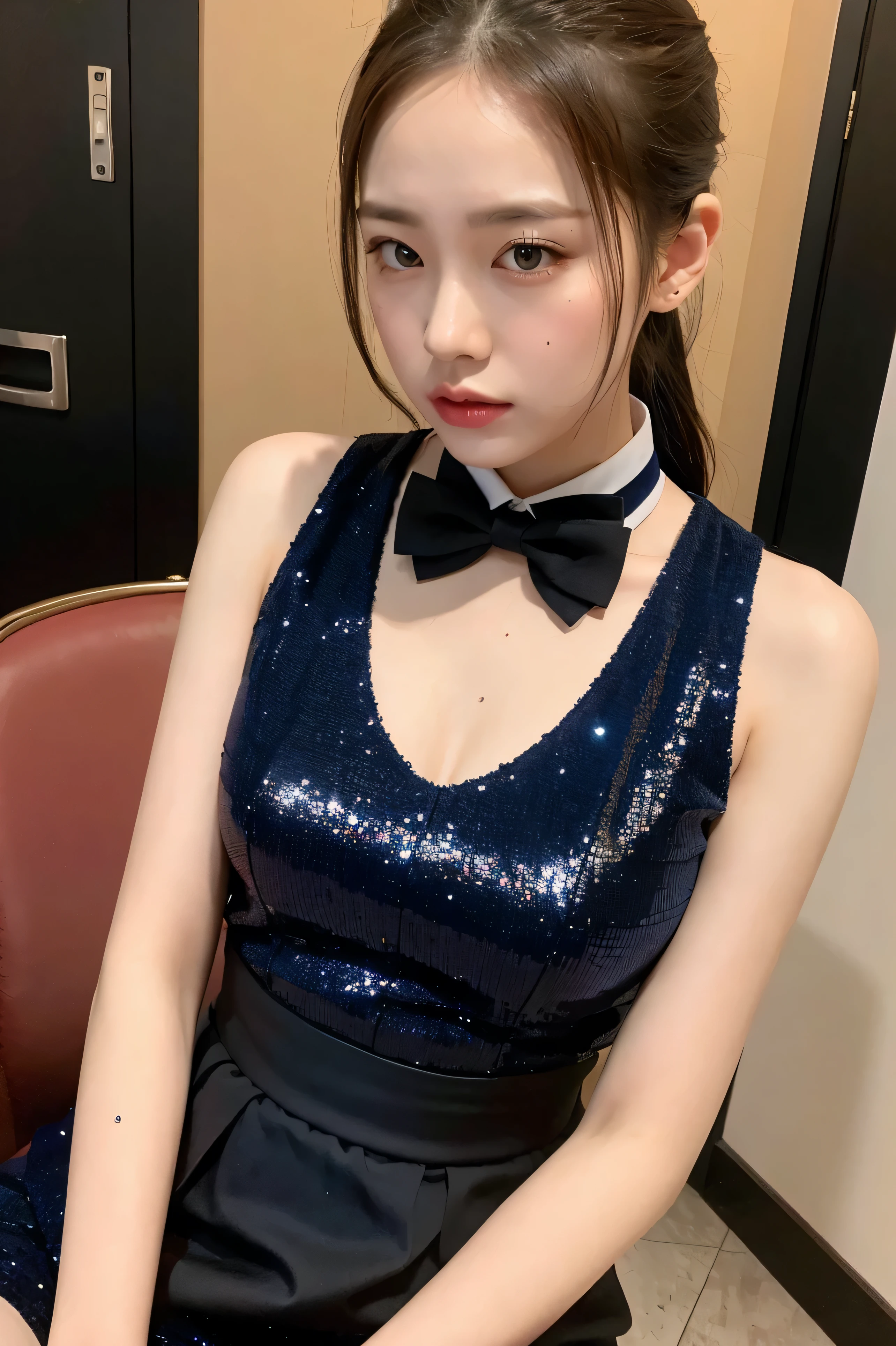 (8K), (highest quality: 1.2), (realistic), (realistic: 1.37), ultra high resolution, 1 girl, cute, serious face, closed mouth, beautiful details, beautiful nose, whole body, wet hair,Ponytail giant Dulcefo, pork, thighs,Burberry check skirt,dark blue sequin halter vest,A bow tie,Greige,avert your eyes,casino,please sit on the chair,Have a playing card,put your hands on the table