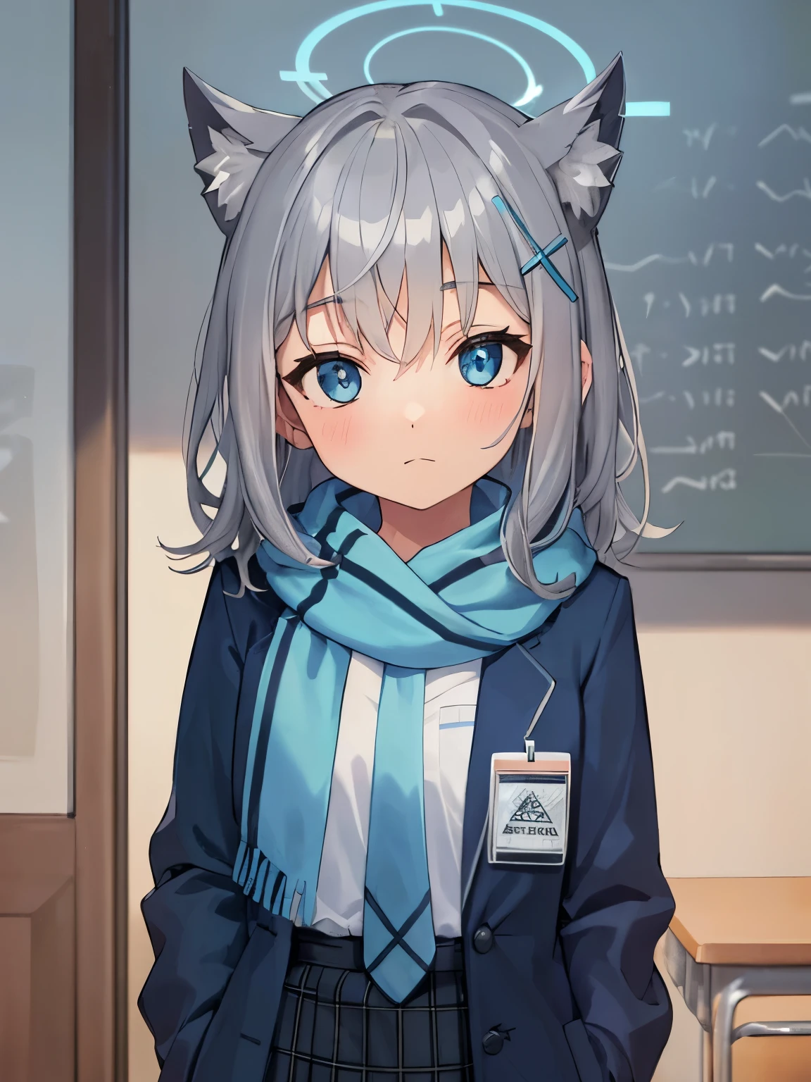 masterpiece, highest quality, Super detailed, indoors, school ,Hello,gray hair,medium hair,blue eyes,blue scarf,white shirt,(blue jacket:1.1) , No expression
